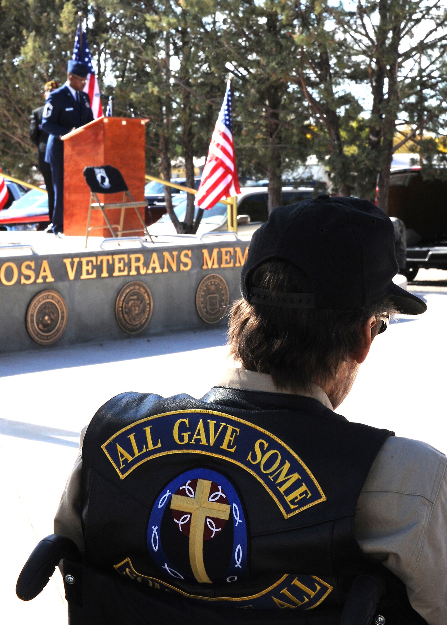 TULAROSA, N.M. -- A local military veteran listens to Chief Master Sgt. Jerome Baker, 49th Mission Support Group superintendent, as he speaks to local veterans on Veteran's Day, Nov. 11, at Veteran's Park in Tularosa. Chief Baker was the guest speaker during the celebration. Veteran's Day is an annual American holiday honoring military veterans. On Nov. 11, people from all around the United States celebrate with parades and ceremonies honoring local veterans. (U.S. Air Force photo by Staff Sgt. Anthony Nelson Jr.)