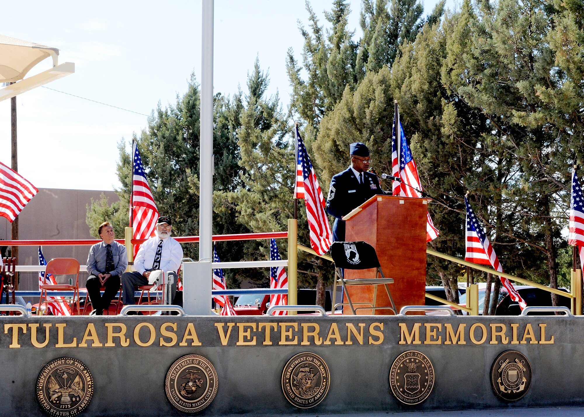 TULAROSA, N.M. -- Chief Master Sgt. Jerome Baker, 49th Mission Support Group superintendent, speaks to local veterans on Veteran's Day, Nov. 11, at Veteran's Park in Tularosa. Chief Baker was the guest speaker for the celebration. Veteran's Day is an annual American holiday honoring military veterans. It is also celebrated as Armistice Day or Remembrance Day in other parts of the world, celebrating the anniversary of the signing of the Armistice that ended World War I. (U.S. Air Force photo by Staff Sgt. Anthony Nelson Jr.)