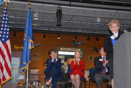 "Deanie" Bishop Parrish, a World War II Women Airforce Service Pilot avaitor, takes a minute to address the crowd during the presentation of a commemorative copy of Bill 111-40, which awarded the WASP the Congressional Gold Medal, the highest award Congress can bestow a civilian for service to their country Nov. 11 at Love Field in Dallas, Texas. (Photo by Senior Airman Katie Hickerson)