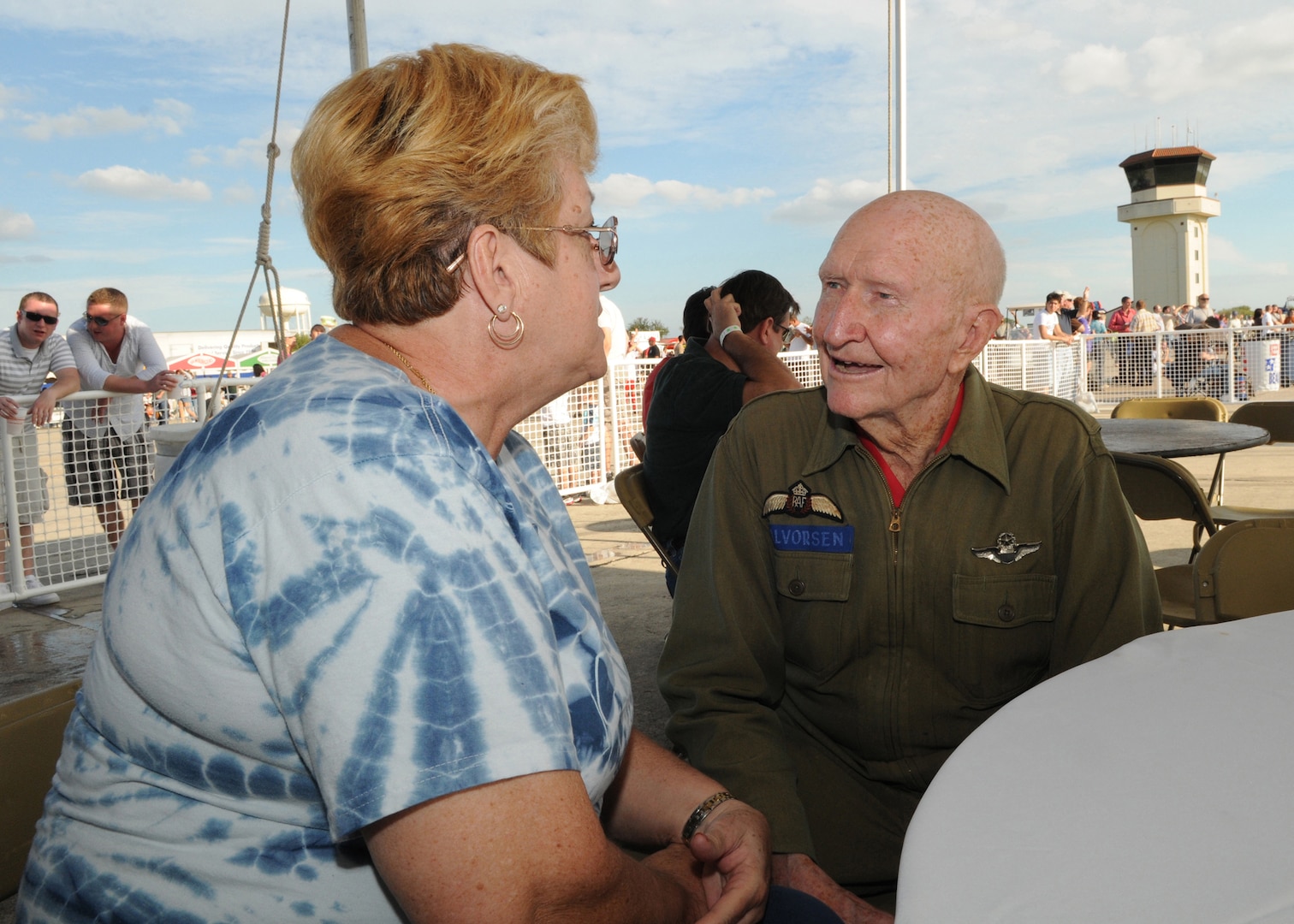 Retired Col. Gail Halvorsen and Ursula Johnson had never met, but a chance encounter between the two conjured a touching reunion 6 decades later at the Randolph Air Show Nov. 7.  Sixty years later, Mrs. Johnson never thought she would come face to face with the man who had become a hero-of-sorts to so many German children - "The Candy Bomber."  (U.S. Air Force photo/Melissa Peterson)