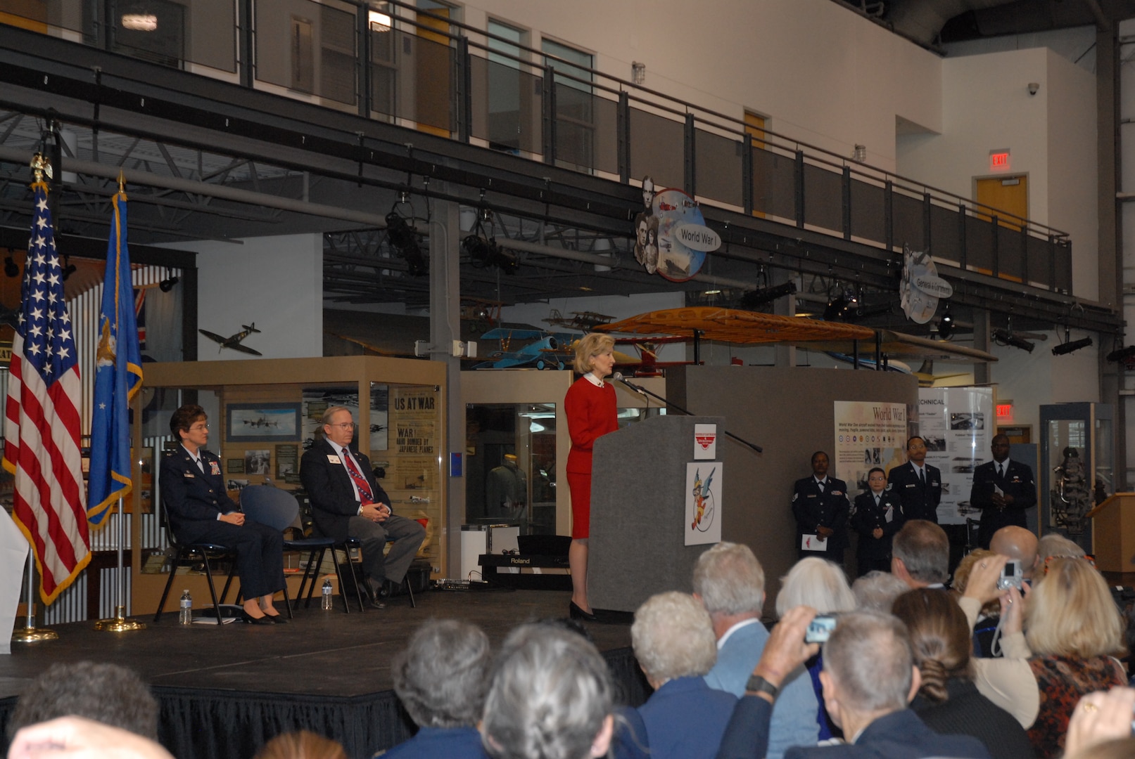 Senator Kay Bailey Hutchison R-Texas addresses an attentive crowd during an award presentation for the Texas Women Airforce Service Pilots of World War II at Love Field in Dallas, Texas Nov. 11. (Photo by Senior Airman Katie Hickerson)