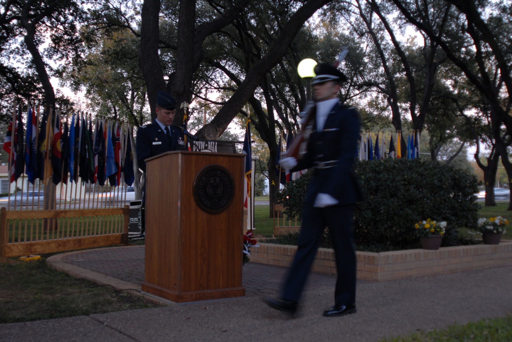SAN ANGELO, Texas -- Air Force ROTC Cadet Col. Brett Schmerber reads a letter from Frank Tubbs to his family, written during World War II, at the Veterans Day vigil, Angelo State University, Nov. 11, 2009. Army Air Corps Cpl. Frank Tubbs was a radio operator with the 345th Bombardment Group who was killed-in-action during World War II.  (U.S. Air Force photo/Staff Sgt. Laura R. McFarlane)
