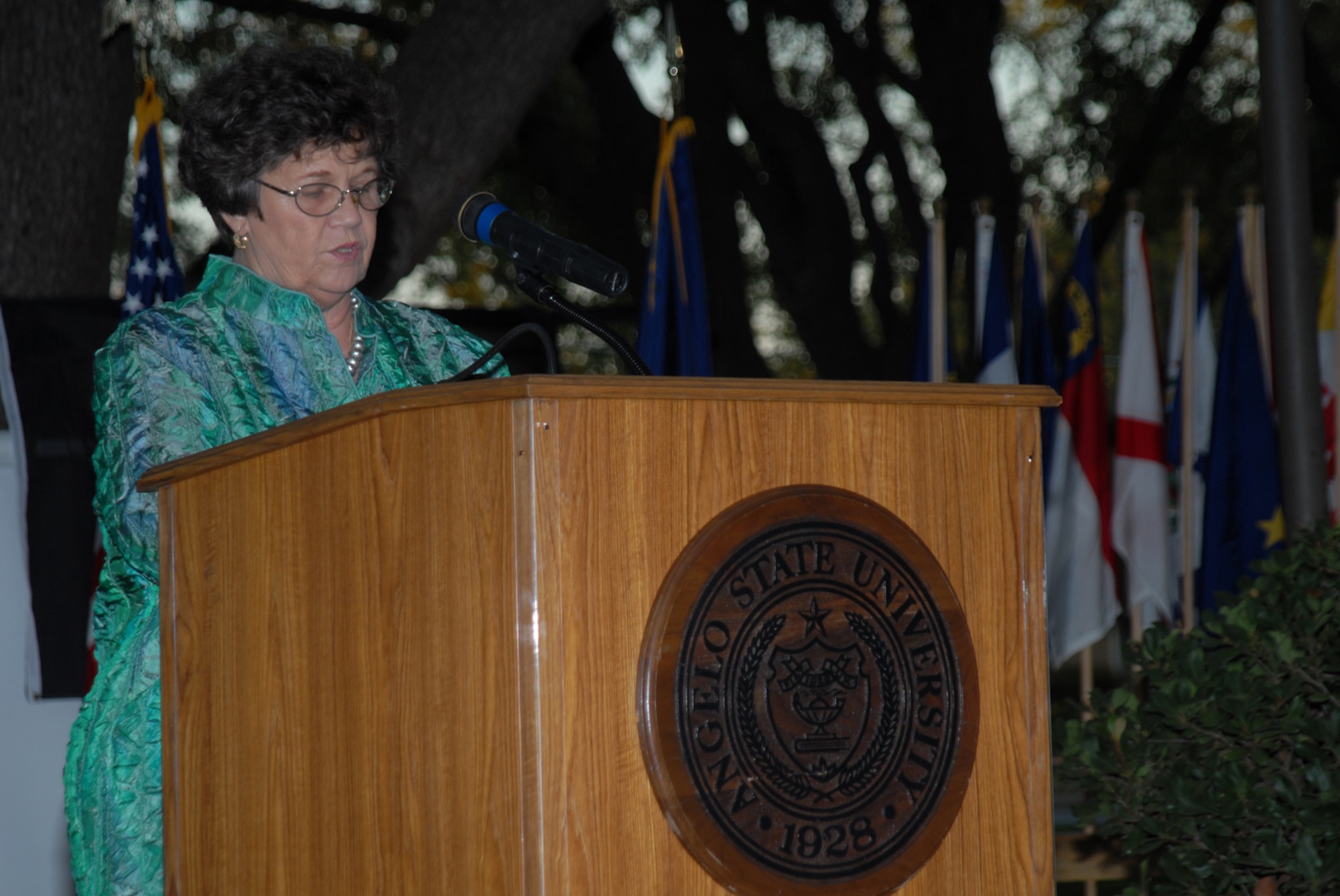 SAN ANGELO, Texas -- Linda Knightstep gives a speech starting off the Veterans Day vigil at Angelo State University, Nov. 11, 2009. Ms. Knightstep served in the Army Nurse Corps during the Vietnam Conflict. (U.S. Air Force photo/Staff Sgt. Laura R. McFarlane)
