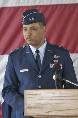 Maj. Gen. Garry Dean makes introductory remarks as the incoming commander during the Continental U.S. NORAD Region-1st Air Force (Air Forces Northern) change of command ceremony Nov. 12 at Tyndall AFB, Fla. (Photo by Jonathan Gibson) 
