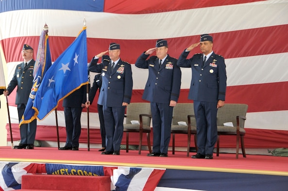 Gen. Gene Renuart, Maj. Gen. Hank Morrow and Maj. Gen. Garry Dean render a salute as the National Anthem plays during the Continental U.S. NORAD Region-1st Air Force (Air Forces Northern) change of command ceremony Nov. 12 at Tyndall AFB, Fla. (Photro by Jonathan Gibson) 
