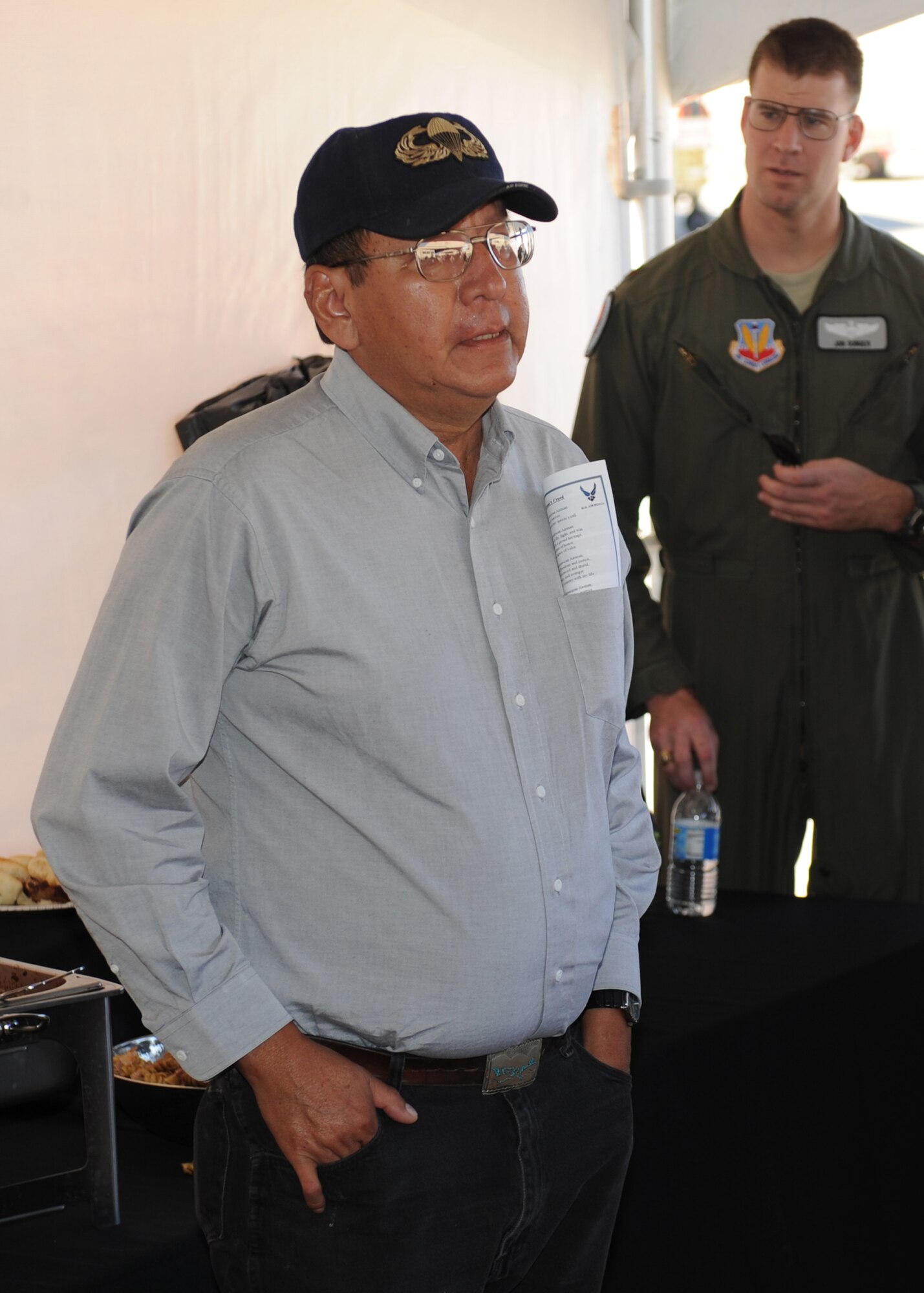 HOLLOMAN AIR FORCE BASE, N.M. -- Cooney Starr, Mescalero Indian Association president speaks to members of the 29th Attack Squadron, Oct. 23 to unveil a new patch and dedicate a painting of the last Chief of the Mescalero Apache Tribe. The 29th ATKS asked the Mescalero Apache to design a patch for their newly activated squadron. (U.S. Air Force photo by Senior Airman Michael Means)