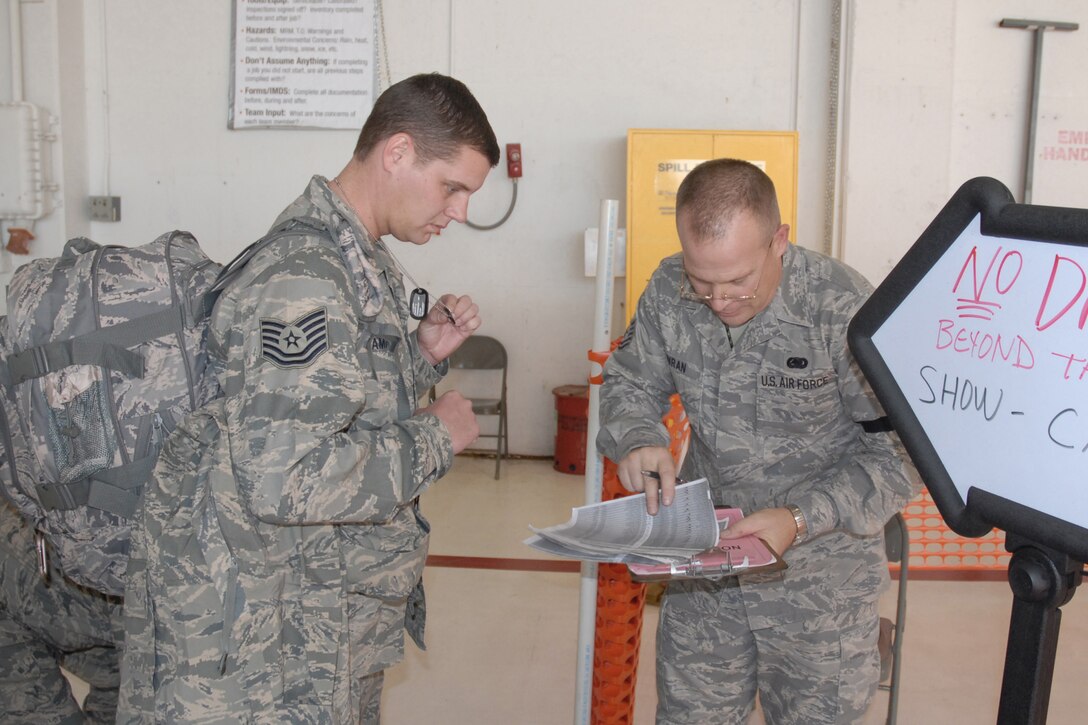 Tech. Sgt. Paul Havran checks an Airman's identification tags and common access card (CAC) against a deployment passenger manifest in the deployment line set up in the main hangar of the 132nd Fighter Wing, Des Moines, Iowa on November 2, 2009. Sgt. Havran?s check point is the first stop for Airman deploying as part of the 132nd Fighter Wing's scheduled Aerospace Expeditionary Forces (AEF) rotation in support of Operation Iraqi Freedom. (U.S. Air Force illustration/Senior Master Sgt. Tim L. Day)(released)