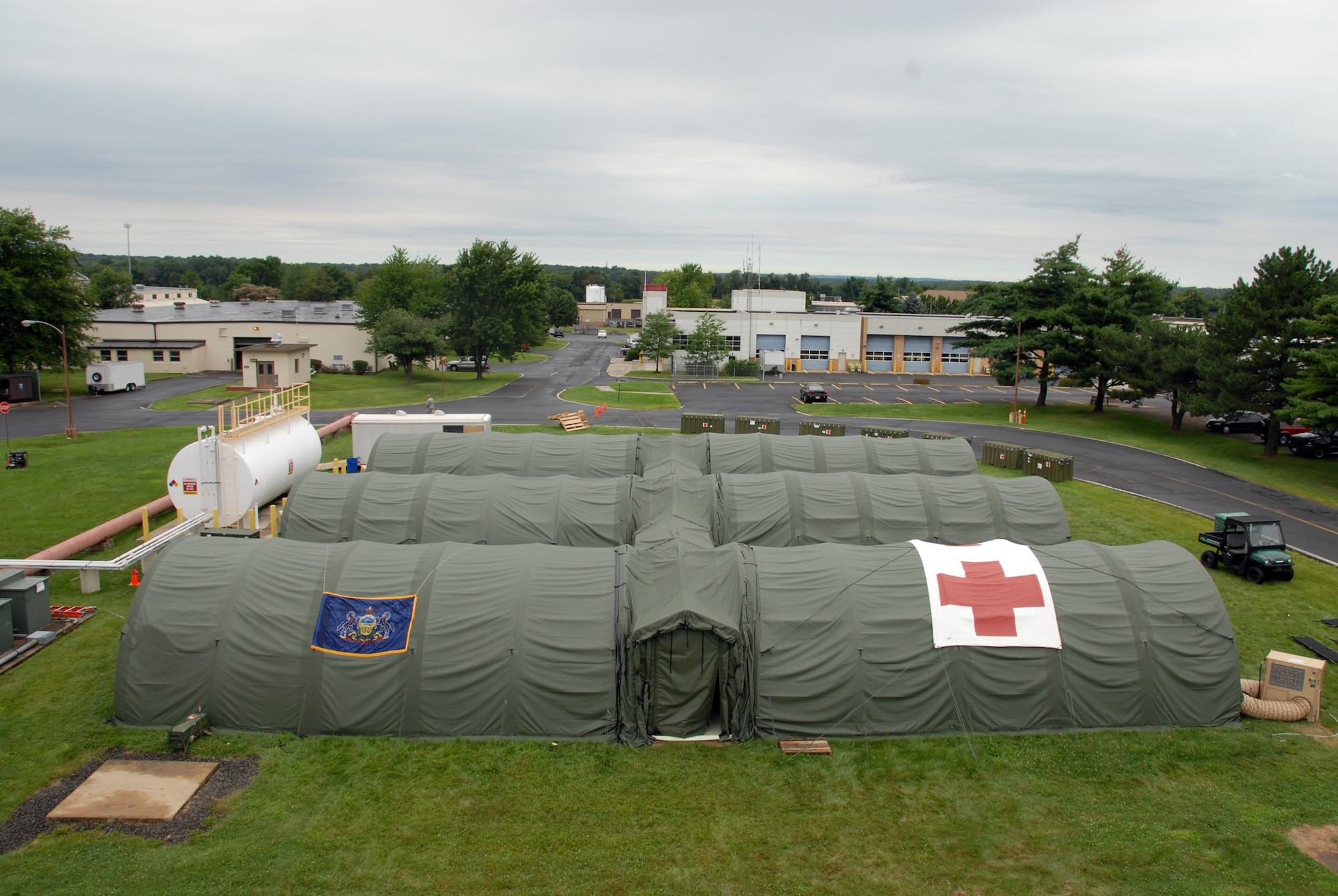 An overview shot of Expeditionary Medical Support (EMEDS) tents during a certification review field exercise at Willow Grove Air Reserve Station Aug. 6.