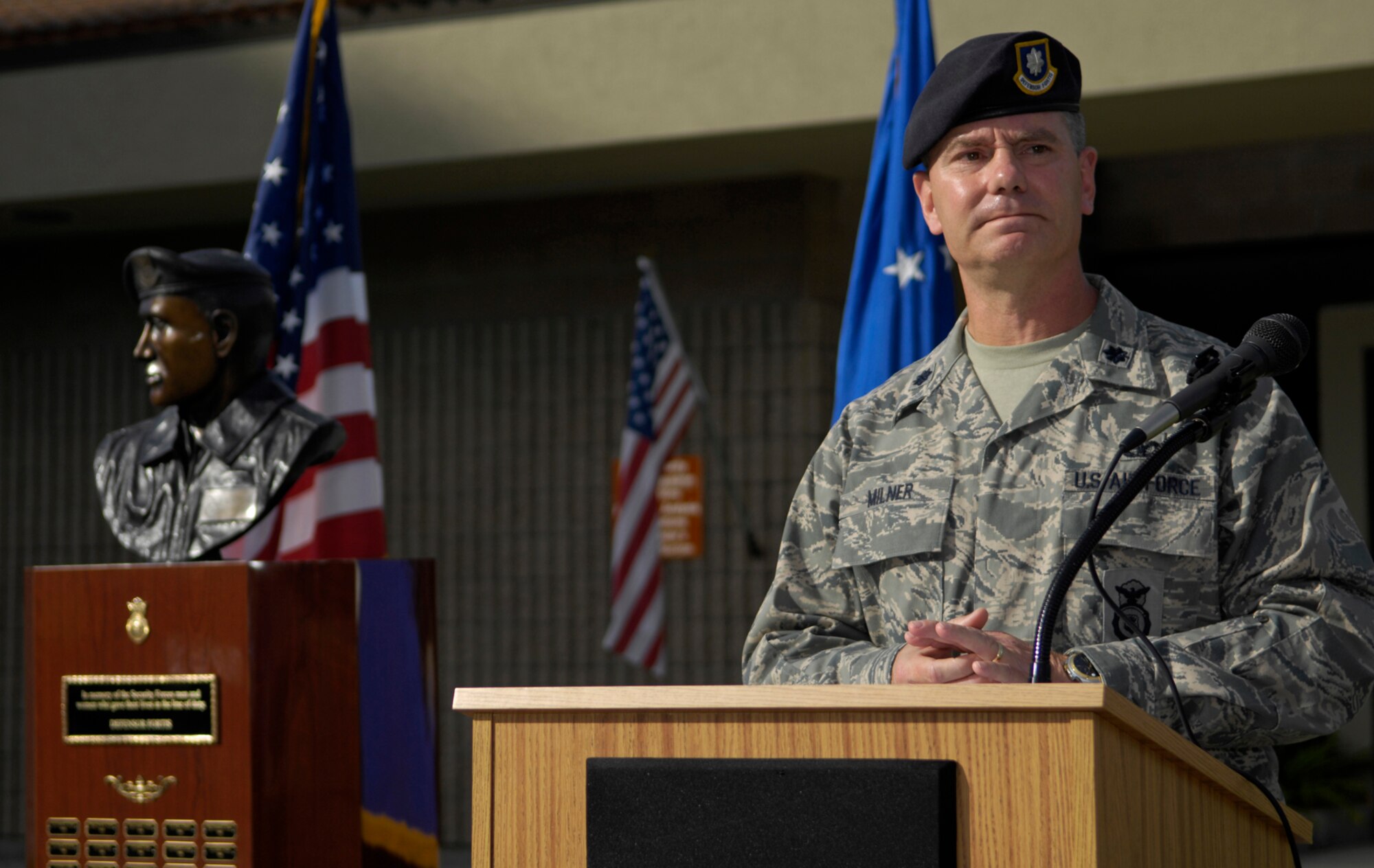 VANDENBERG AIR FORCE BASE, Calif. --  Lt. Col. Joseph Milner, the 30th Security Forces Squadron commander, gives a speech during the 30th Security Forces Squadron's memorial ceremony here Tuesday, Nov. 10, 2009. The ceremony was in memory of two Airmen, 1st Lt. Joseph D. Helton and Airman 1st Class Jason D. Nathan, who made the ultimate sacrifice during their duties while deployed in support of Operation Iraqi Freedom.  (U.S. Air Force photo/Airman 1st Class Andrew Lee)  
 
 
 