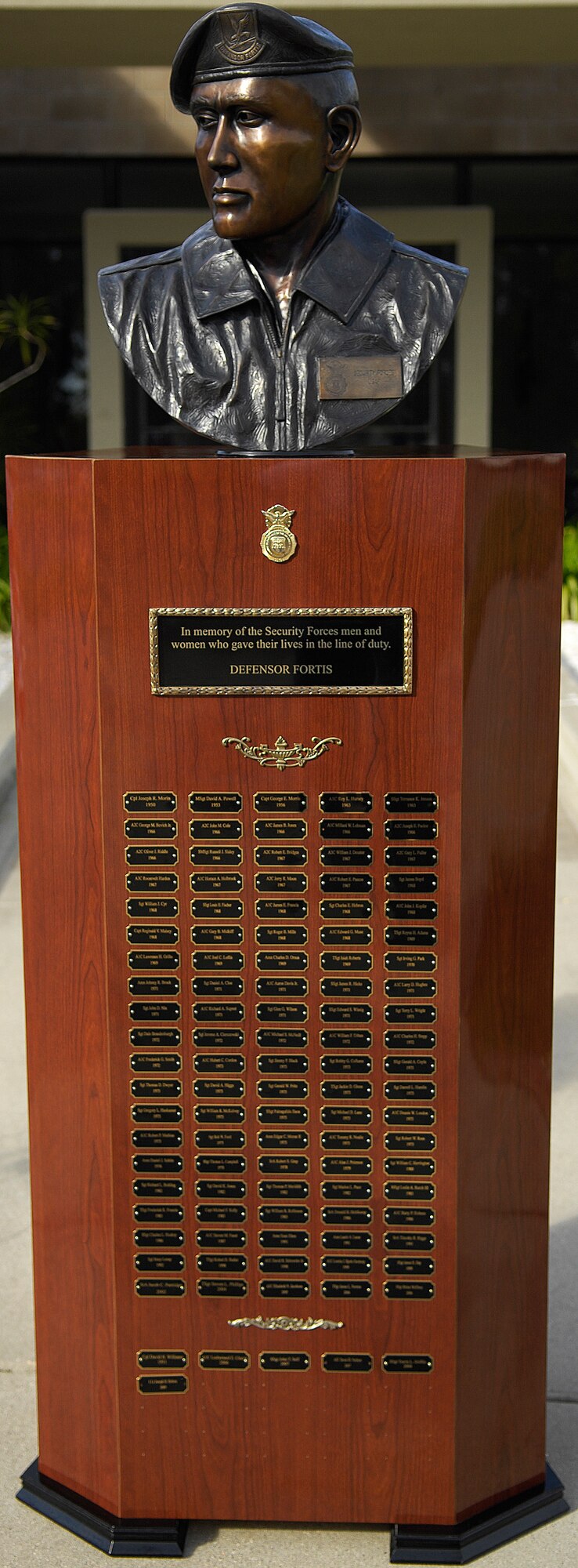 VANDENBERG AIR FORCE BASE, Calif. --  A memorial that is place in the front entrance of the 30th Security Forces Squadron building, had two new names placed on, 1st Lt. Joseph D. Helton and Airman 1st Class Jason D. Nathan, alongside other names of fallen Air Force Security Forces members during the 30th SFS memorial ceremony here Tuesday, Nov. 10, 2009.(U.S. Air Force photo/Airman 1st Class Andrew Lee) 
 
