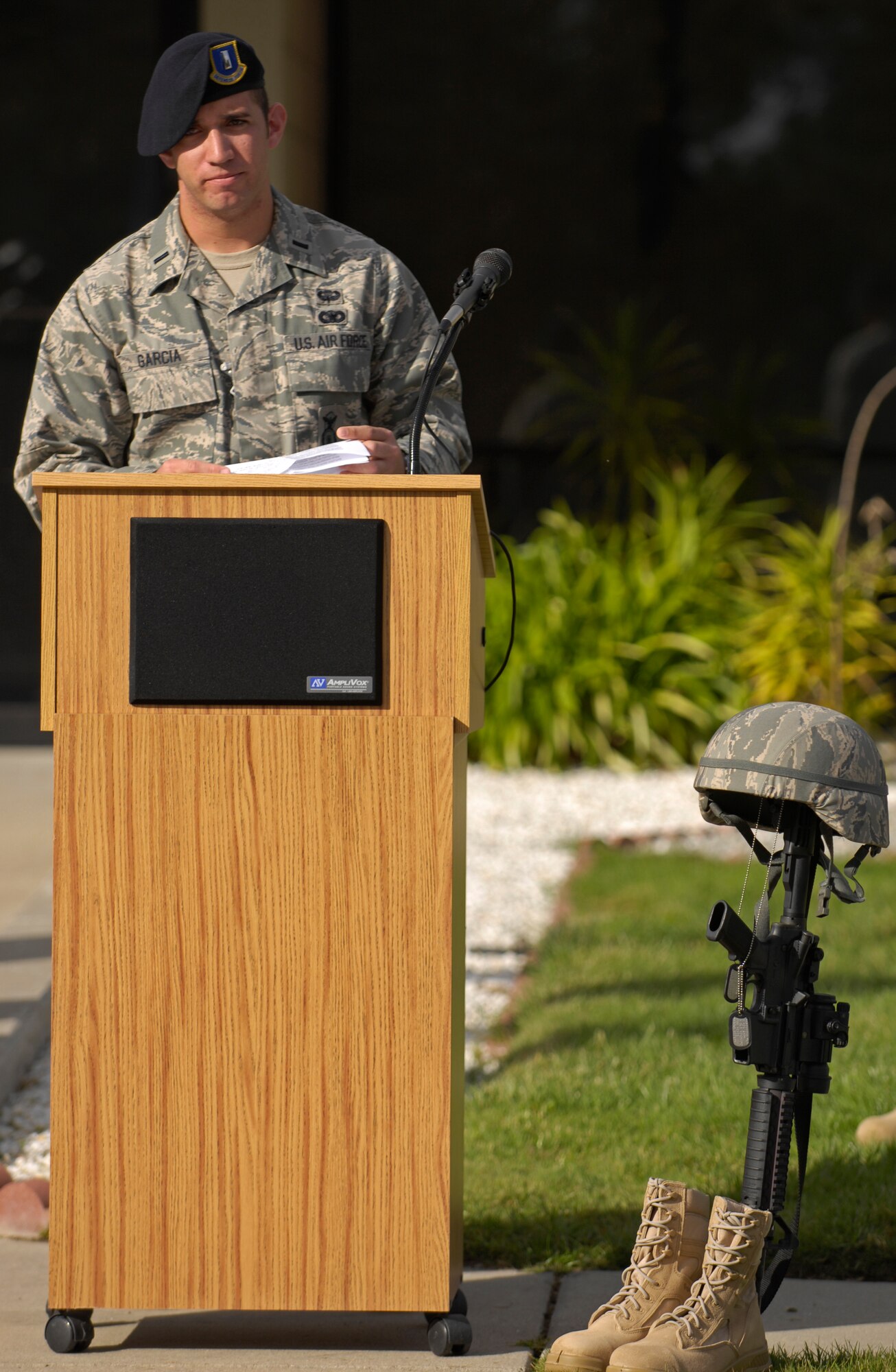 VANDENBERG AIR FORCE BASE, Calif. --  1st Lt. Jose Garcia, from the 30th Security Forces Squadron, offers a remembrance speech in honor of 1st Lt. Joseph D. Helton, during the 30th Security Forces Squadron Memorial Ceremony here Tuesday, Nov. 10, 2009. The ceremony was in memory of two Airmen, 1st Lt. Joseph D. Helton and Airman 1st Class Jason D. Nathan, who made the ultimate sacrifice during their duties while deployed in support of Operation Iraqi Freedom. (U.S. Air Force photo/Airman 1st Class Andrew Lee) 
 
 