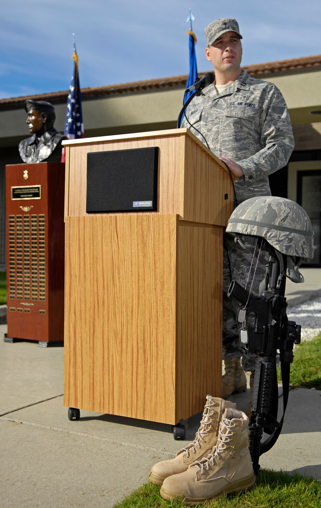 VANDENBERG AIR FORCE BASE, Calif. --  Chaplain (Capt.) Daniel Walker, from the 30th Space Wing, gives an invocation at the beginning of the 30th Security Forces Squadron's memorial ceremony here Tuesday, Nov. 10, 2009. The ceremony was in memory of two Airmen, 1st Lt. Joseph D. Helton and Airman 1st Class Jason D. Nathan, who made the ultimate sacrifice during their duties while deployed in support of Operation Iraqi Freedom. (U.S. Air Force photo/Airman 1st Class Andrew Lee) 
 