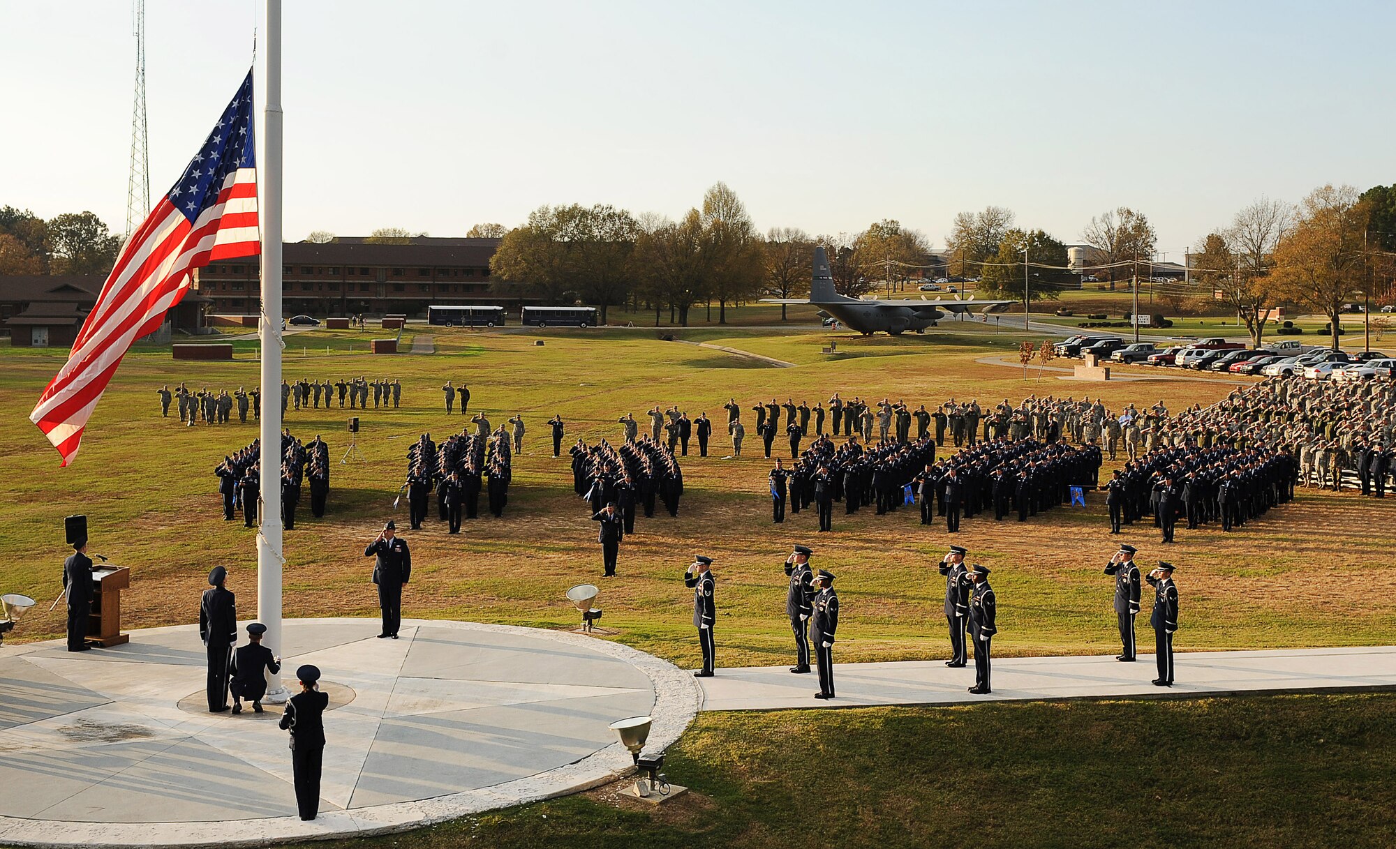 Members of the Little Rock Air Force Base Honor Guard members lower the flag during a Veterans Day retreat Nov. 10 on base. On June 1, 1954, Congress voted to change Nov. 11 from “Armistice Day” to “Veterans Day” to honor American Veterans of all wars.  (U.S. Air Force photo by Staff Sgt. Chad Chisholm)