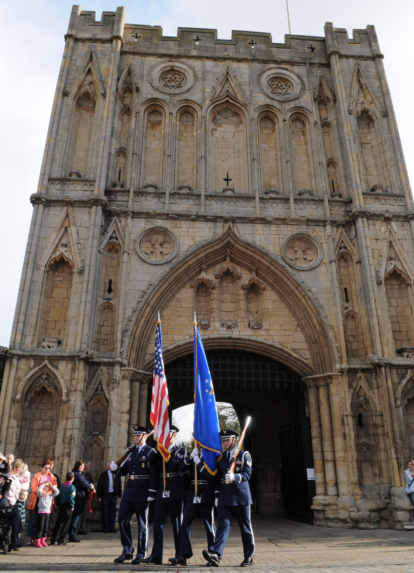 The Royal Air Force Lakenheath, England, Honor Guard precedes a marching procession from nearby RAF Mildenhall during a remembrance march Nov. 8, at Angel Hill, Bury St. Edmunds. Air Force personnel gathered with British forces and veterans for the ceremony in honor of Remembrance Sunday, or Poppy Day. (U.S. Air Force photo/Senior Airman Thomas Trower)
