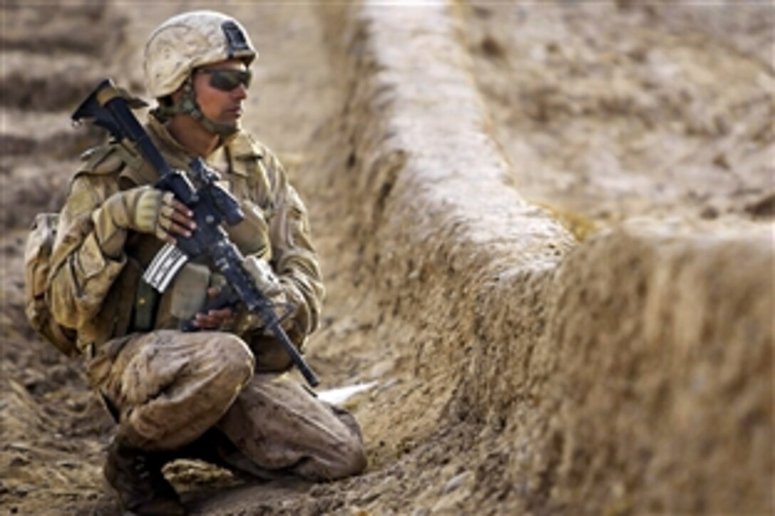U.S. Navy Petty Officer 3rd Class Eric Nobriga halts during a foot patrol in the Nawa district, Helmand province, Afghanistan, Nov. 6, 2009. Nobriga, a hospital corpsman assigned to the 1st Battalion, 5th Marine Regiment, is deployed with Regimental Combat Team 7 to conduct counterinsurgency operations with Afghan national security forces in southern Afghanistan.