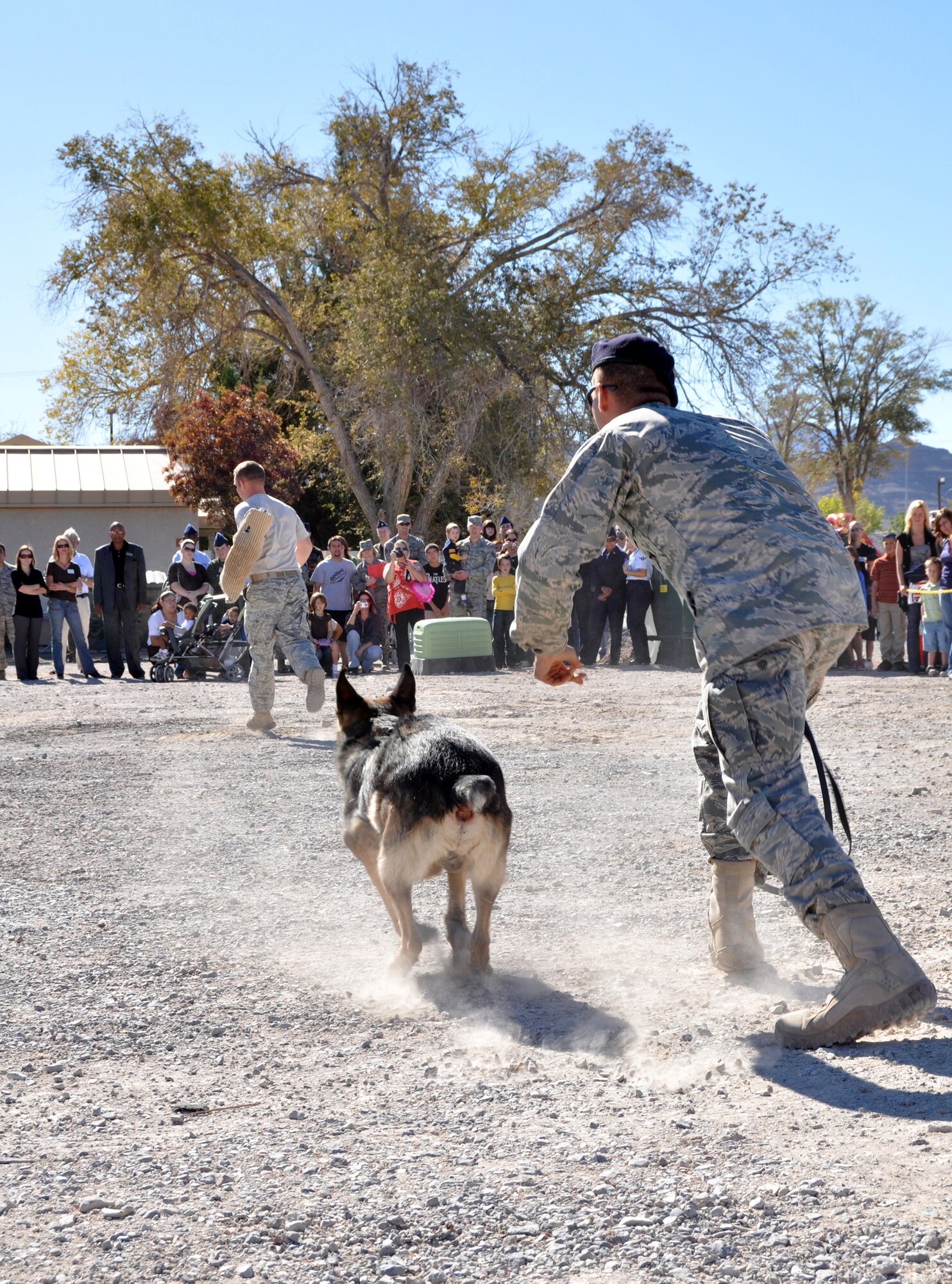 CREECH AIR FORCE BASE, Nev.-- Senior Airman John Siliva (right), Staff Sgt. Kennedy Wilkinson (left), 99th Security Forces Squadron, Canine Handlers, and Military Working Dog "Chelo" demonstrate how the canine unit pursues a criminal during the Creech AFB family day Nov. 2. (U.S. Air Force photo/Airman 1st Class Stephanie Rubi) 