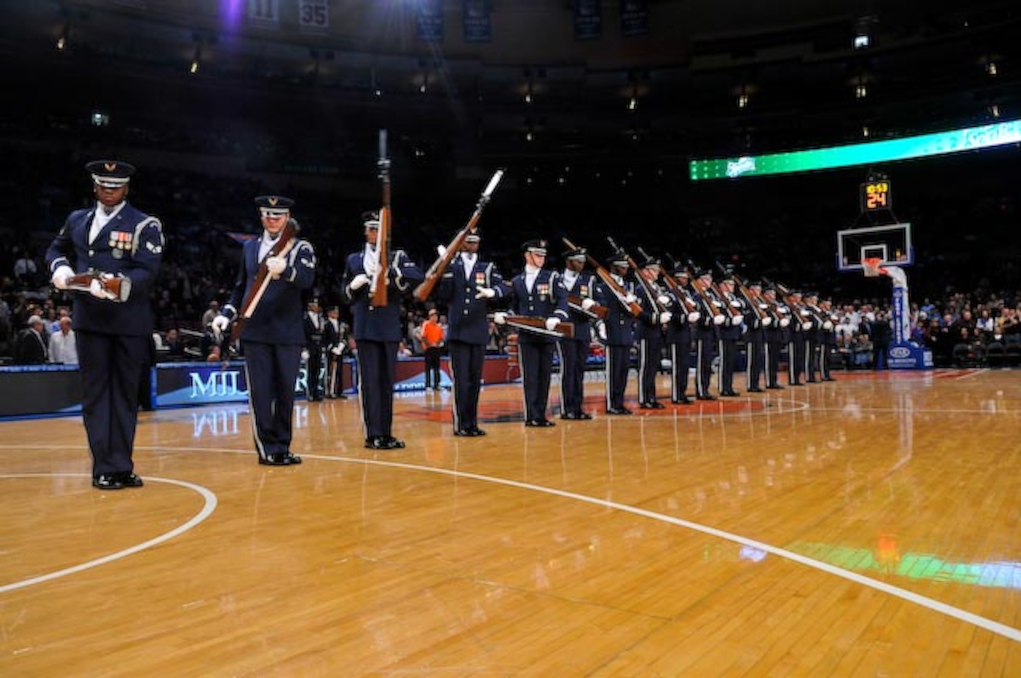 The United States Air Force Honor Guard Drill Team performs their line sequence during the New York Knick’s halftime show on Military Appreciation Night at New York’s Madison Square Garden Nov. 11.  The Drill Team is the traveling component of the U.S. Air Force Honor Guard and tours worldwide representing all Airmen while showcasing Air Force precision and professionalism. (U.S. Air Force photo by Senior Airman Marleah Miller)