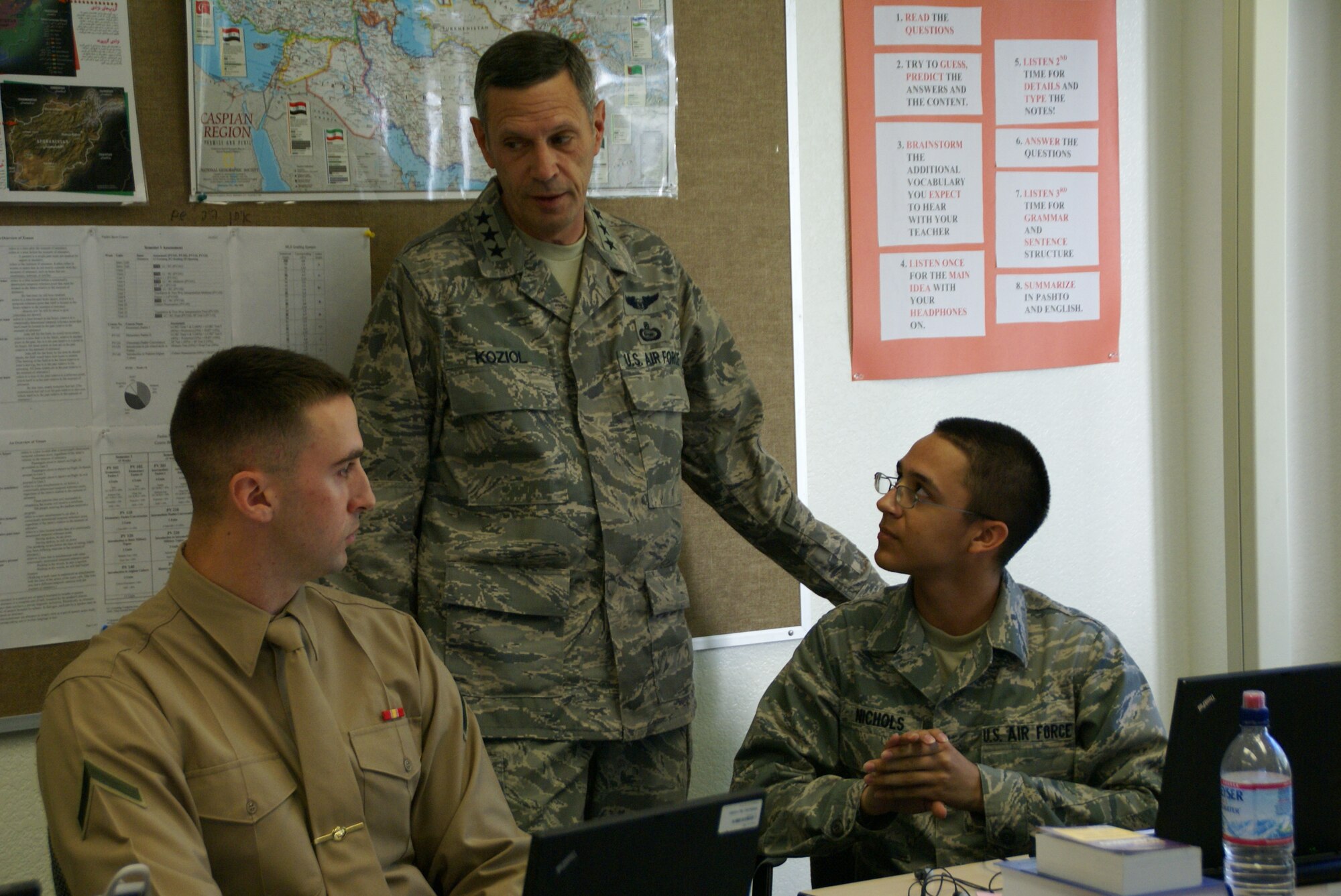 Lt. Gen. Koziol, Deputy Undersecretary of Defense (Intelligence) for Joint and Coalition Warfighter Support and Commander of the Intelligence, Surveillance, and Reconnaissance Task Force, visits students at the Defense Language Institute Multi-Language School in Monterey, Calif., Nov. 6.  (U.S. Army photo/Natela Cutter)