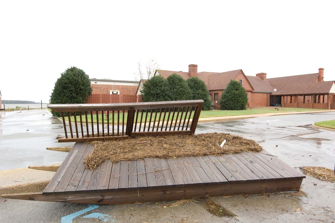 LANGLEY AIR FORCE BASE, Va. – A section of boardwalk washed ashore in front of the Bayside Enlisted Club Nov. 13.  A nor'easter dropped 8-10 inches of rain on Langley over the course of three days with wind gusts up to 55 mph.  (U.S. Air Force photo/Airman 1st Class Jason Brown)