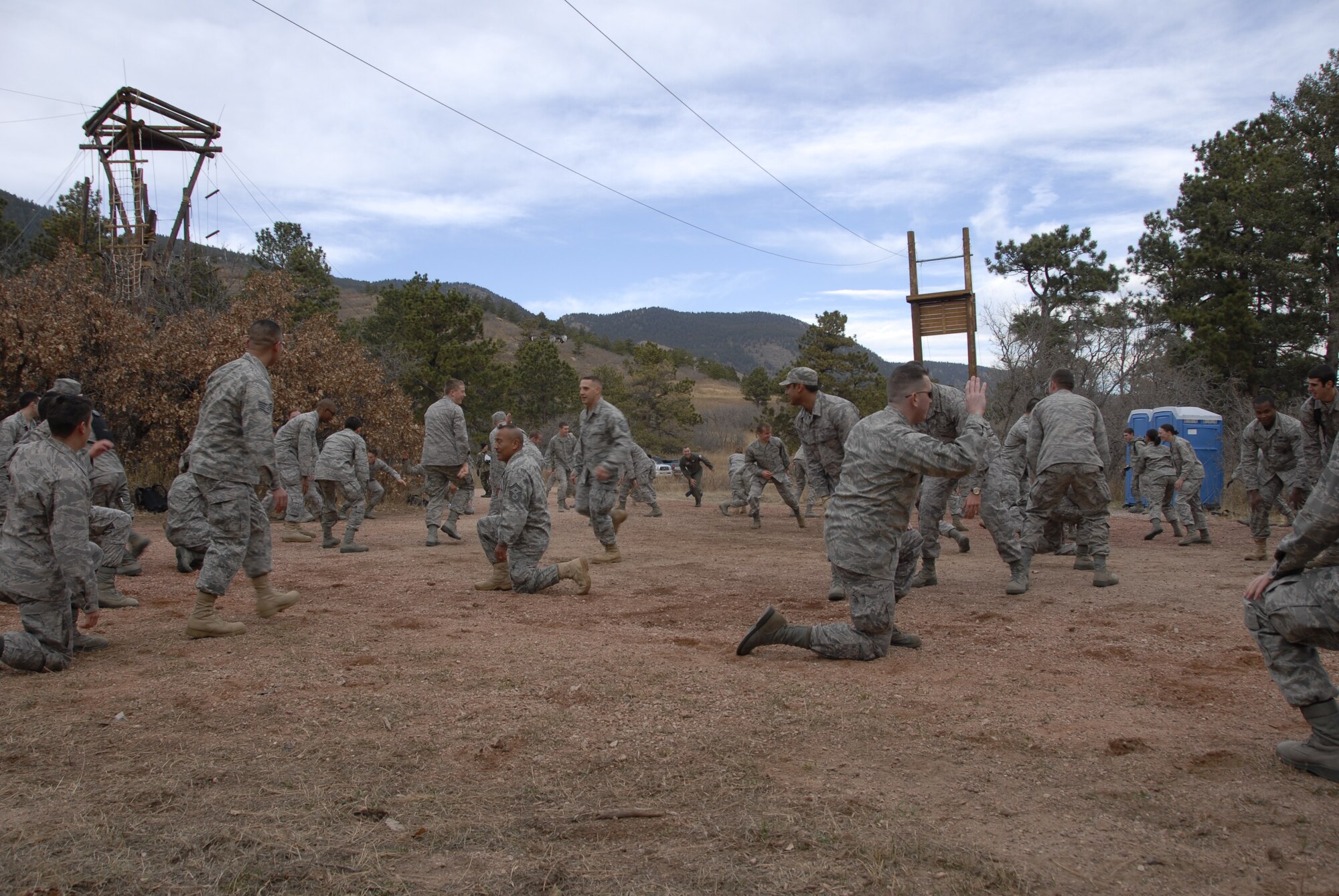 HANSCOM AIR FORCE BASE, Mass. - Cadets from the U.S. Air Force Academy in Colorado Springs, Colo., as well as Airmen from Hanscom, engage in an exercise similar to freeze tag as part of the Adventure Based Learning Course at the Academy Nov. 6. The Airmen from Hanscom returned from their four-day trip Nov. 8. (U.S. Air Force Photo by Capt. Geoff Buteau)