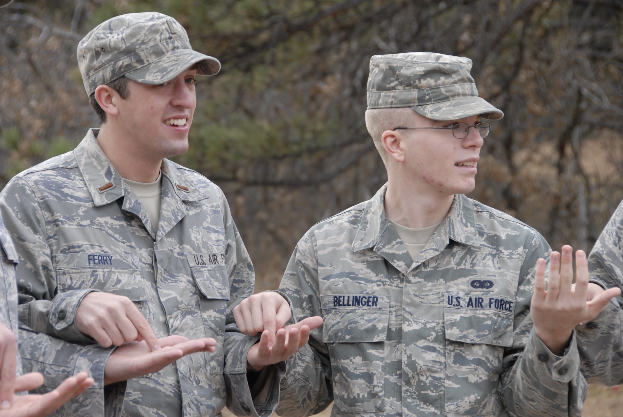 HANSCOM AIR FORCE BASE, Mass. - 2nd Lt. Greg Ferry, 66th Comptroller Squadron, and Airman 1st Class Eric Bellinger, 66th Air Base Wing Inspector General office, participate in an exercise teaching leadership and followership at the Adventure Based Learning Course at the U.S. Air Force Academy in Colorado Springs, Colo. The Airmen returned from their four-day trip Nov. 8. (U.S. Air Force photo by Capt. Geoff Buteau)