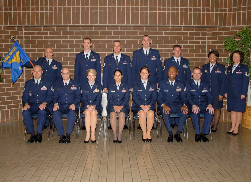 McGHEE TYSON AIR NATIONAL GUARD BASE, Tenn. -- NCO Academy Class 10-1, E-Flight, gathers at The I.G. Brown Air National Guard Training and Education Center here, Oct. 19, 2009.  Pictured (L-R standing) are Tech. Sgt. Nicola Nardi, Tech. Sgt. Jason A. Sisson, Tech. Sgt. Edward R. Hagstrom, Tech. Sgt. Joshua A. Dunn, Tech. Sgt. Reese A. Jenkins, Tech. Sgt. Mona M. Johnson, instructor, Tech. Sgt. A. Ramey Stokes, instructor, (L-R sitting) Tech. Sgt. Steve A. Naglack, Tech. Sgt. Daniel M. Sprague, Sr., Tech. Sgt. Rebekah L. Birt, Tech. Sgt. Lesly A. Jurado, Tech. Sgt. Amanda M. Magera, Tech. Sgt. Johnnie K. Pope and Tech. Sgt. Robert M. Canfield.  (U.S. Air Force photo by Master Sgt. Kurt Skoglund/Released)