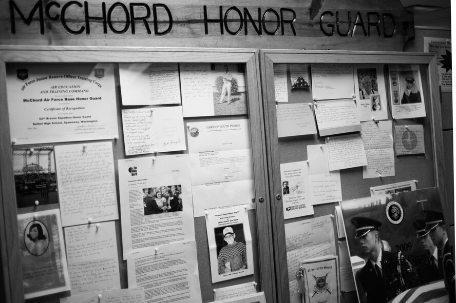 Letters of appreciation for the McChord Honor Guard are prominently displayed in the lobby of the Honor Guard office in Bldg. 100. (U.S. Air Force photo/Abner Guzman)