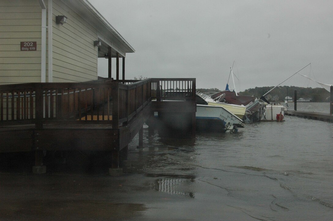 LANGLEY AIR FORCE BASE, Va. – Displaced boats float alongside the Langley Marina Nov. 13.  A nor'easter dropped 8-10 inches of rain on Langley over the course of three days with wind gusts up to 55 mph.  (U.S. Air Force photo/Staff Sgt. Barry Loo)