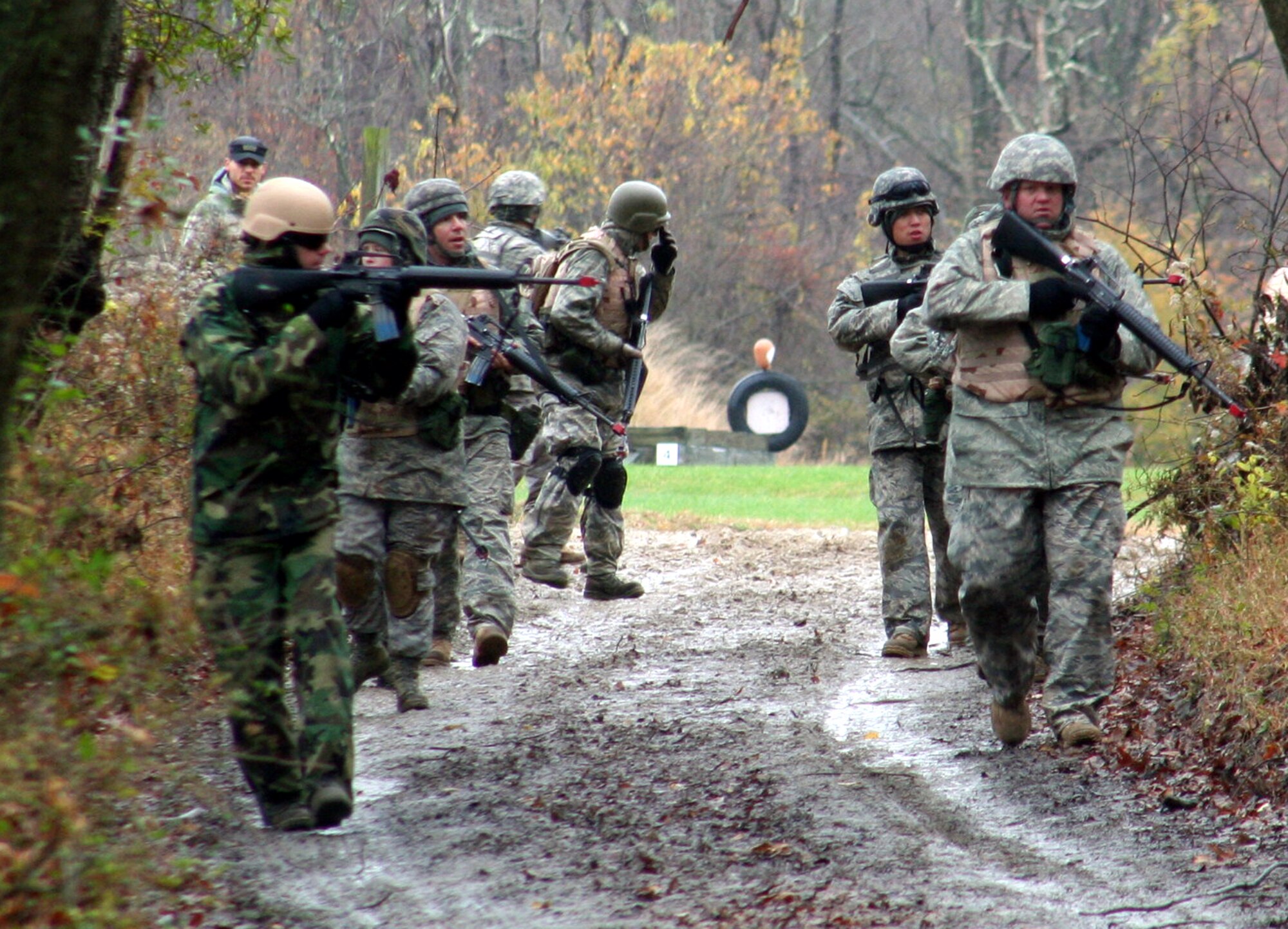 Students in the Combat Airman Skills Training Course 10-1A practices dismounted patrolling tactics during course training on Nov. 12, 2009, on a range at Joint Base McGuire-Dix-Lakehurst, N.J.  The course, taught by the U.S. Air Force Expeditionary Center's 421st Combat Training Squadron, prepares Airmen for upcoming deployments.  (U.S. Air Force Photo/Tech. Sgt. Scott T. Sturkol)