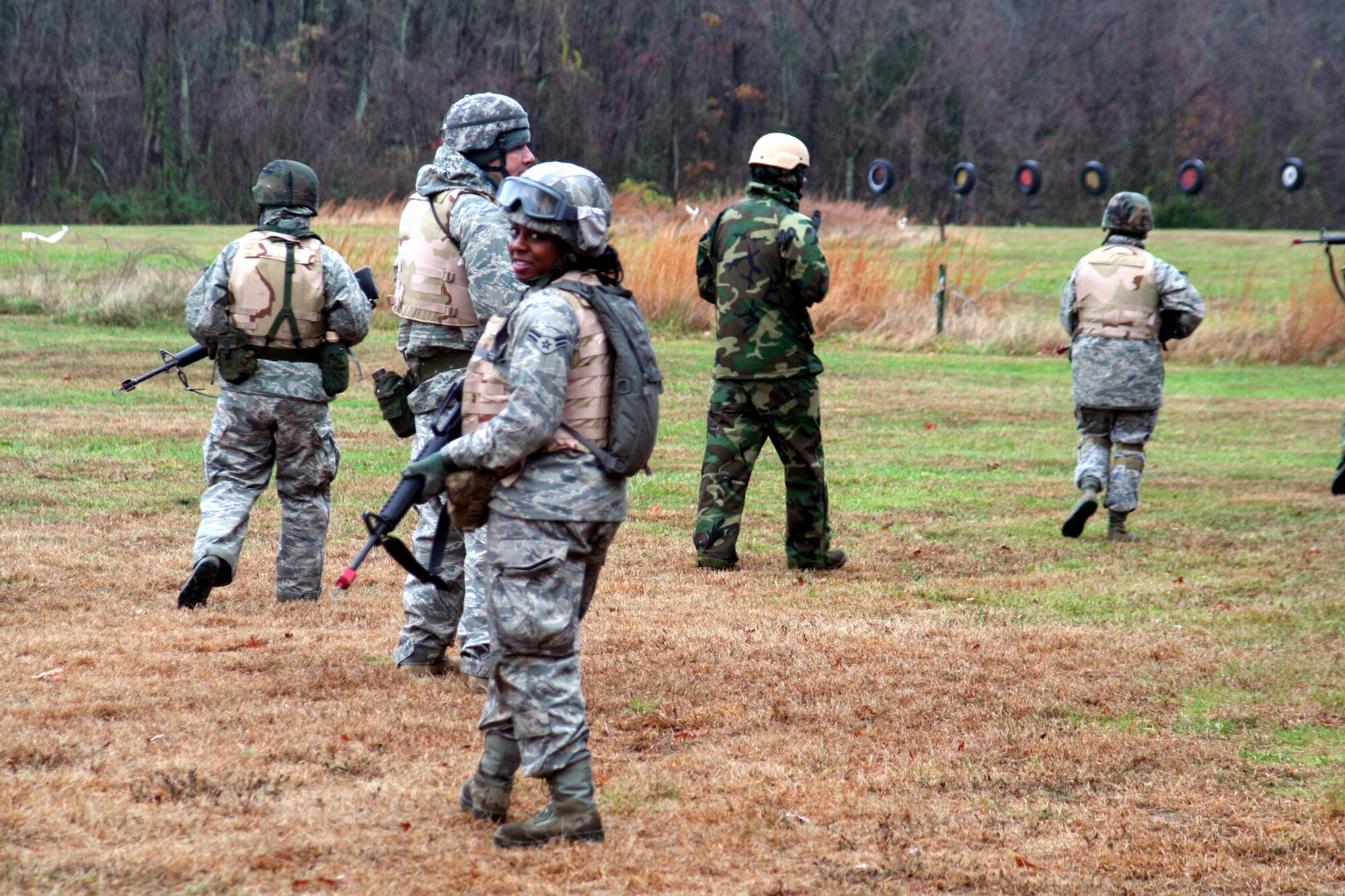 Students in the Combat Airman Skills Training Course 10-1A practices dismounted patrolling tactics during course training on Nov. 12, 2009, on a range at Joint Base McGuire-Dix-Lakehurst, N.J.  The course, taught by the U.S. Air Force Expeditionary Center's 421st Combat Training Squadron, prepares Airmen for upcoming deployments.  (U.S. Air Force Photo/Tech. Sgt. Scott T. Sturkol)