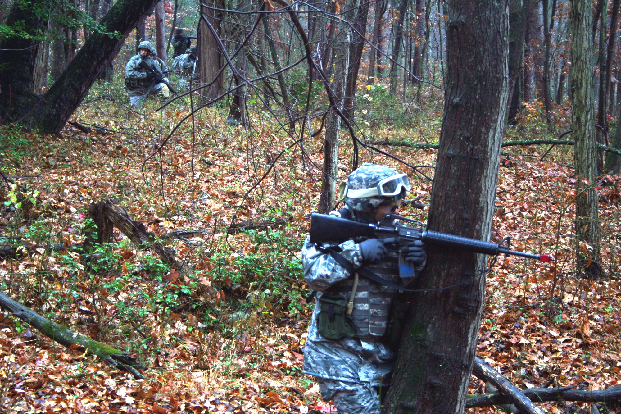 Students in the Combat Airman Skills Training Course 10-1A practices dismounted patrolling tactics during course training on Nov. 12, 2009, on a range at Joint Base McGuire-Dix-Lakehurst, N.J.  The course, taught by the U.S. Air Force Expeditionary Center's 421st Combat Training Squadron, prepares Airmen for upcoming deployments.  (U.S. Air Force Photo/Staff Sgt. Robert Sizelove)