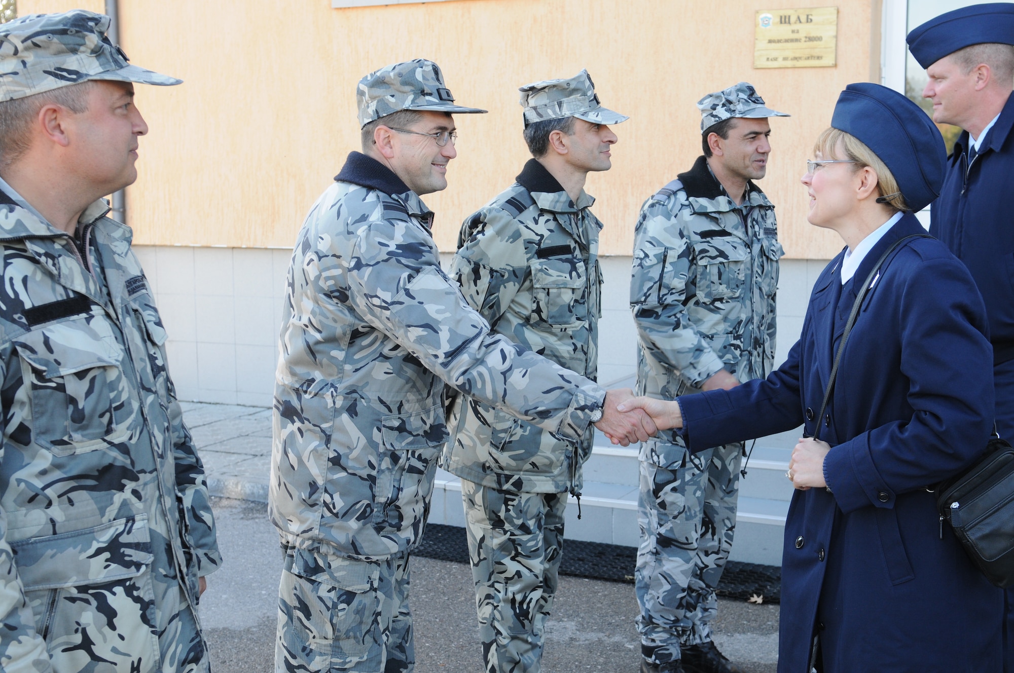 Chief Master Sgt. Pamela Derrow, USAFE command chief, is greeted by air force leadership at Graf Ignatievo Air Base, Bulgaria, during her visit to Bulgaria Nov 2-6.  Chief Derrow spent the week meeting with Bulgarian air force leaders, and talking about how enlisted force development can help both countries -- as NATO members – better perform their assigned missions. 