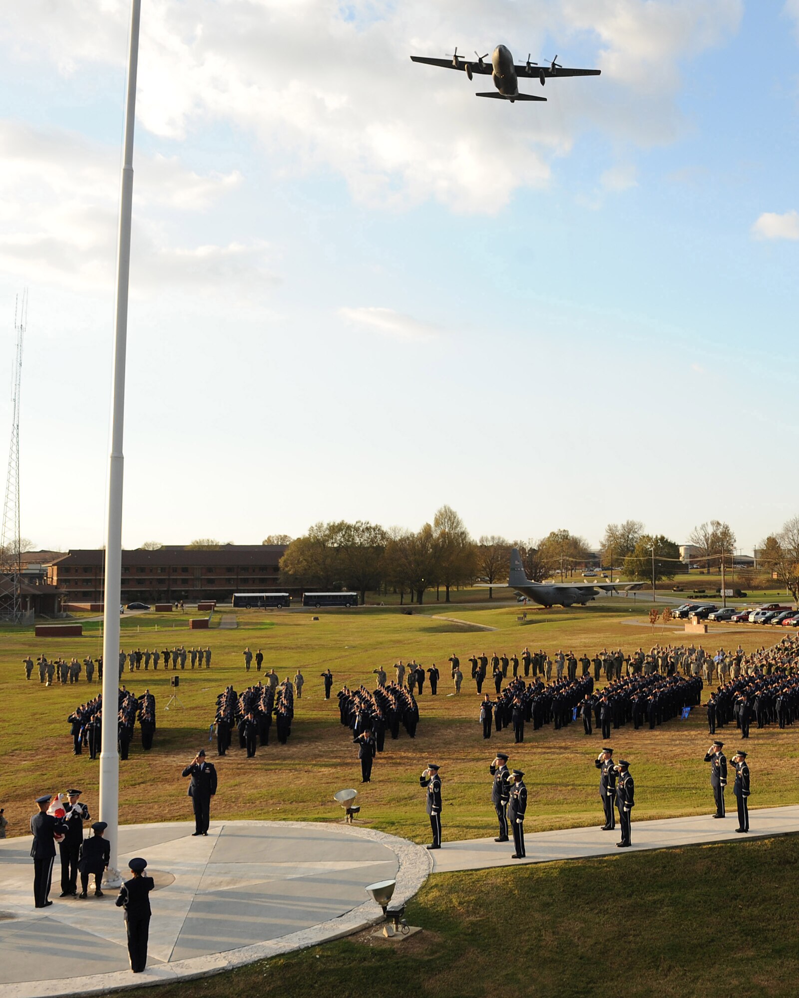 An Arkansas Air National Guard C-130 from the 189th Airlift Wing performs a “fly over” during a Veterans Day retreat Nov. 10 at Little Rock Air Force, Ark. On June 1, 1954, Congress voted to change Nov. 11 from “Armistice Day” to “Veterans Day” to honor American Veterans of all wars.  (U.S. Air Force photo by Staff Sgt. Chad Chisholm)
