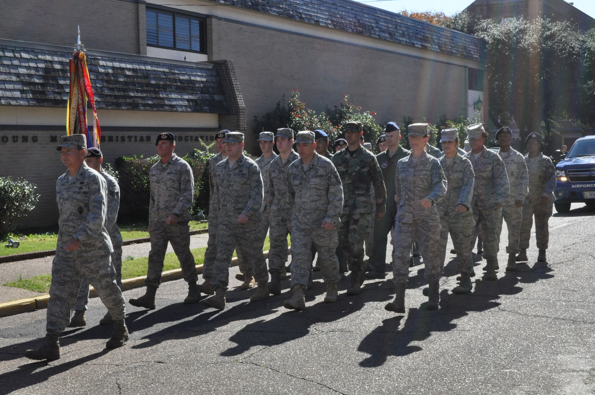 Colonel Bryson leads a formation of BLAZE Team Airmen in the Veteran’s Day Parade Nov. 7. (U.S. Air Force photo/Sonic Johnson)