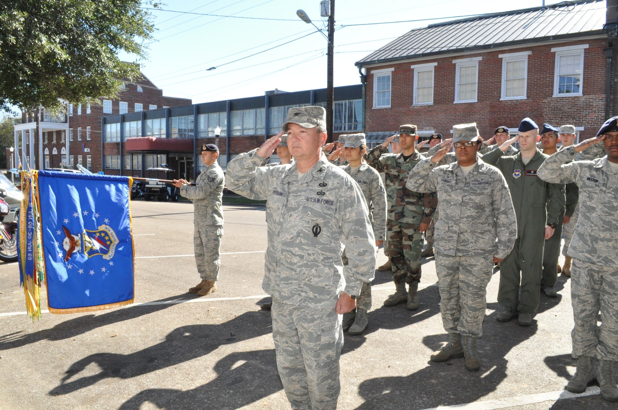Col. Ken Bryson, 14th Mission Support Group commander, leads a formation of Airmen from Columbus AFB at the Veteran’s Day ceremony Nov. 7. (U.S. Air Force photo/Sonic Johnson)