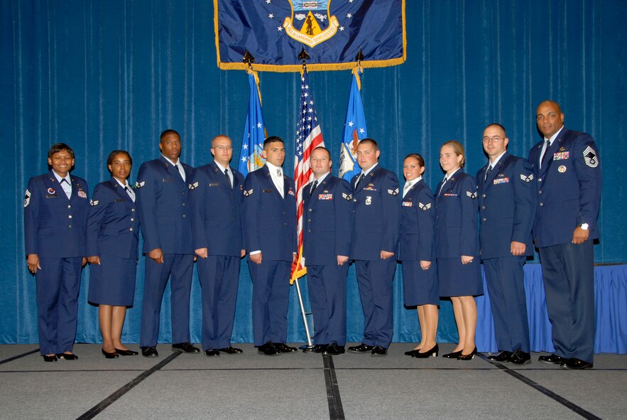 McGHEE TYSON AIR NATIONAL GUARD BASE, Tenn. -- Airman Leadership School Class 09-6, A-Flight, gathers for a photo during the class graduation ceremony on the campus of The I.G. Brown Air National Guard Training and Education Center here, Oct. 29, 2009.  Pictured from L-R are Chief Master Sgt. Deborah F. Davidson, Senior Airman Yovunka Thorpe-Henry, Senior Airman Stephen V. Crenshaw, Senior Airman Brandon C. Duncan, Senior Airman Reuben J. Flores, Senior Airman Justin A. Gooden,  Senior Airman Christopher M. Hall, Senior Airman Jennifer M. Kuklenski, Senior Airman Danielle R. Rivera, Senior Airman Rusty J. Smith, and Chief Master Sgt. Dion Adamson.  (U.S. Air Force photo by Master Sgt. Kurt Skoglund/Released)