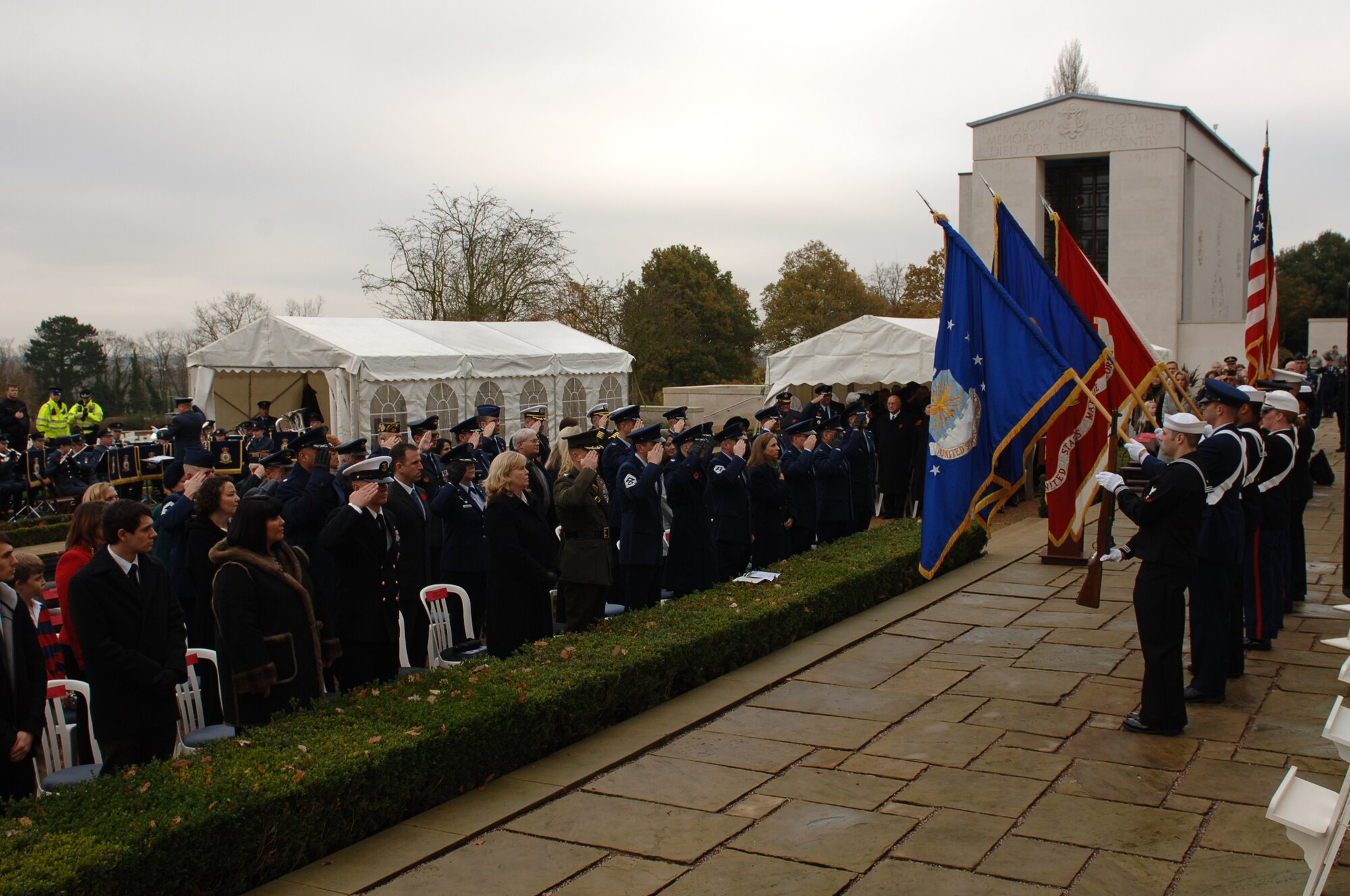 CAMBRIDGE, United Kingdom - The 501st Combat Support Wing participated in a Veteran's Day ceremony with the local community Nov. 11 at Cambridge American Cemetery. More than 200 people attended the event. (U.S. Air Force photo by Tech. Sgt. John Barton)