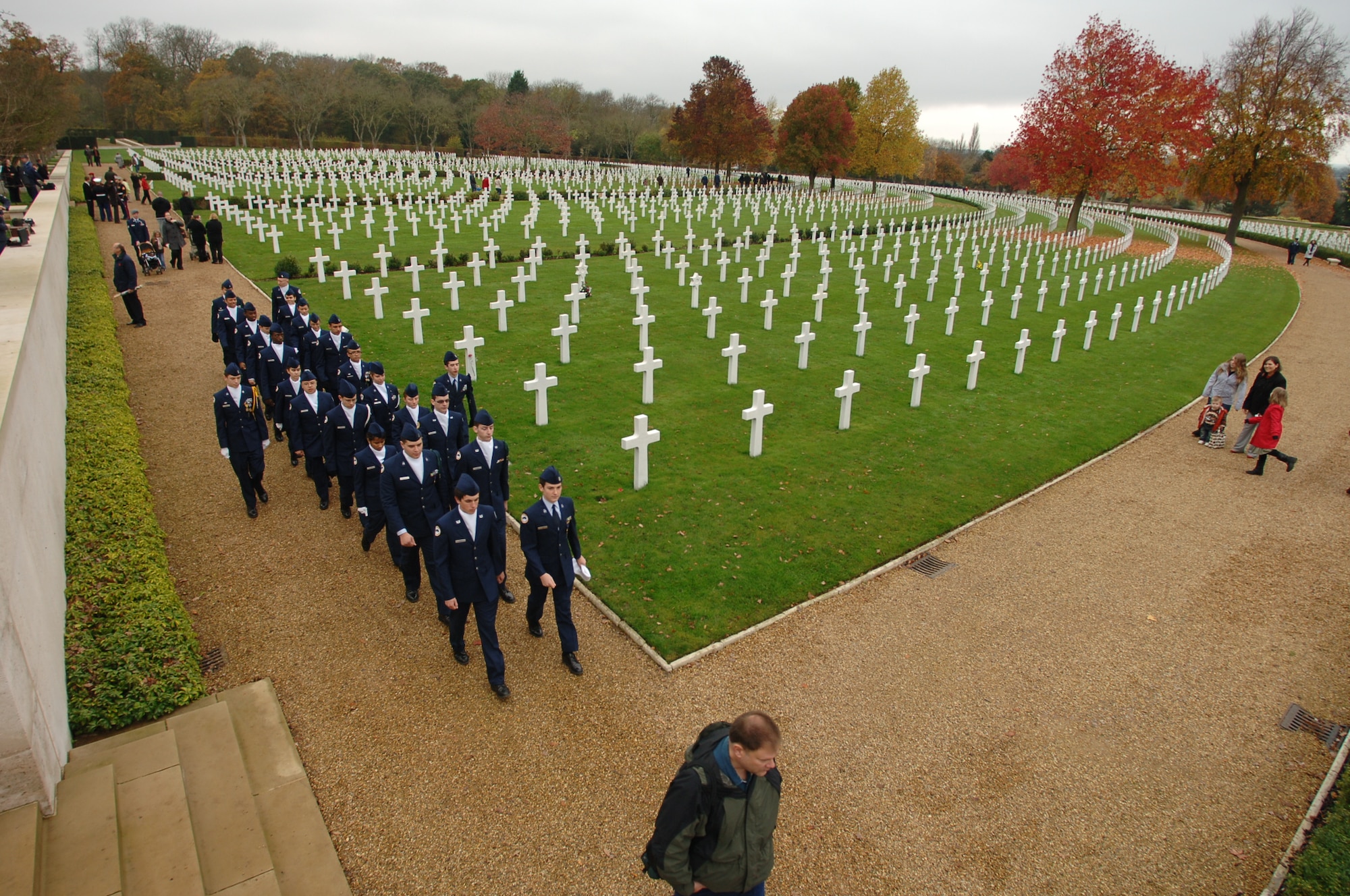 CAMBRIDGE, United Kingdom - The 501st Combat Support Wing participated in a Veteran's Day ceremony with the local community Nov. 11 at Cambridge American Cemetery. More than 200 people attended the event. (U.S. Air Force photo by Tech. Sgt. John Barton)