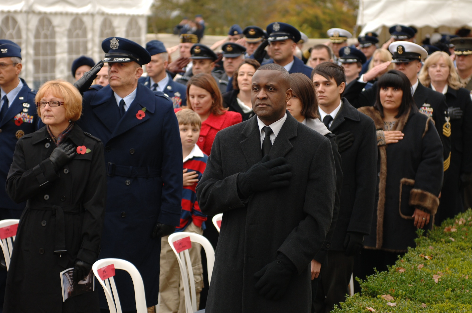 CAMBRIDGE, United Kingdom - The 501st Combat Support Wing participated in a Veteran's Day ceremony with the local community Nov. 11 at Cambridge American Cemetery. More than 200 people attended the event. (U.S. Air Force photo by Tech. Sgt. John Barton)