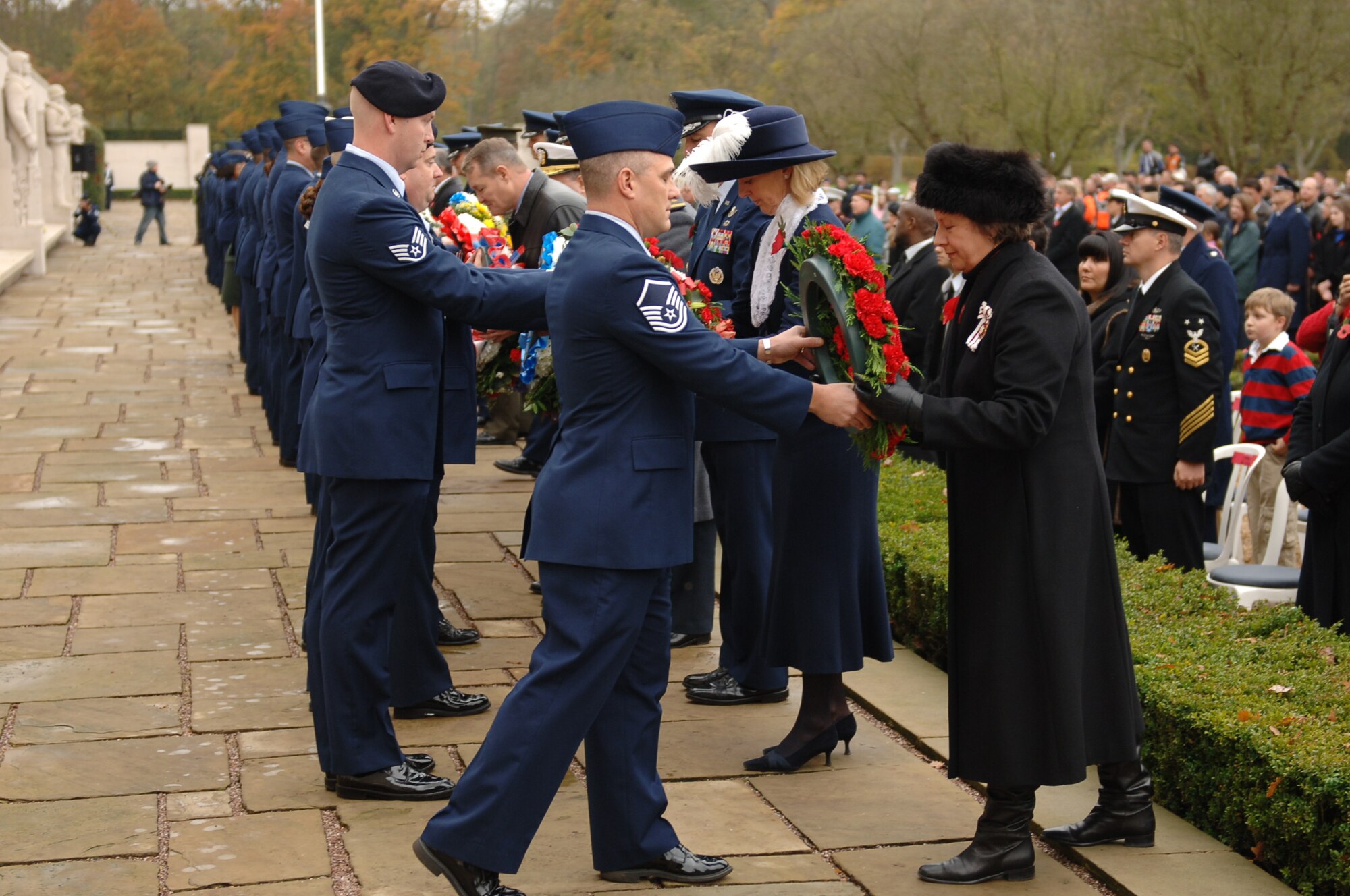 CAMBRIDGE, United Kingdom - The 501st Combat Support Wing participated in a Veteran's Day ceremony with the local community Nov. 11 at Cambridge American Cemetery. More than 200 people attended the event. (U.S. Air Force photo by Tech. Sgt. John Barton)
