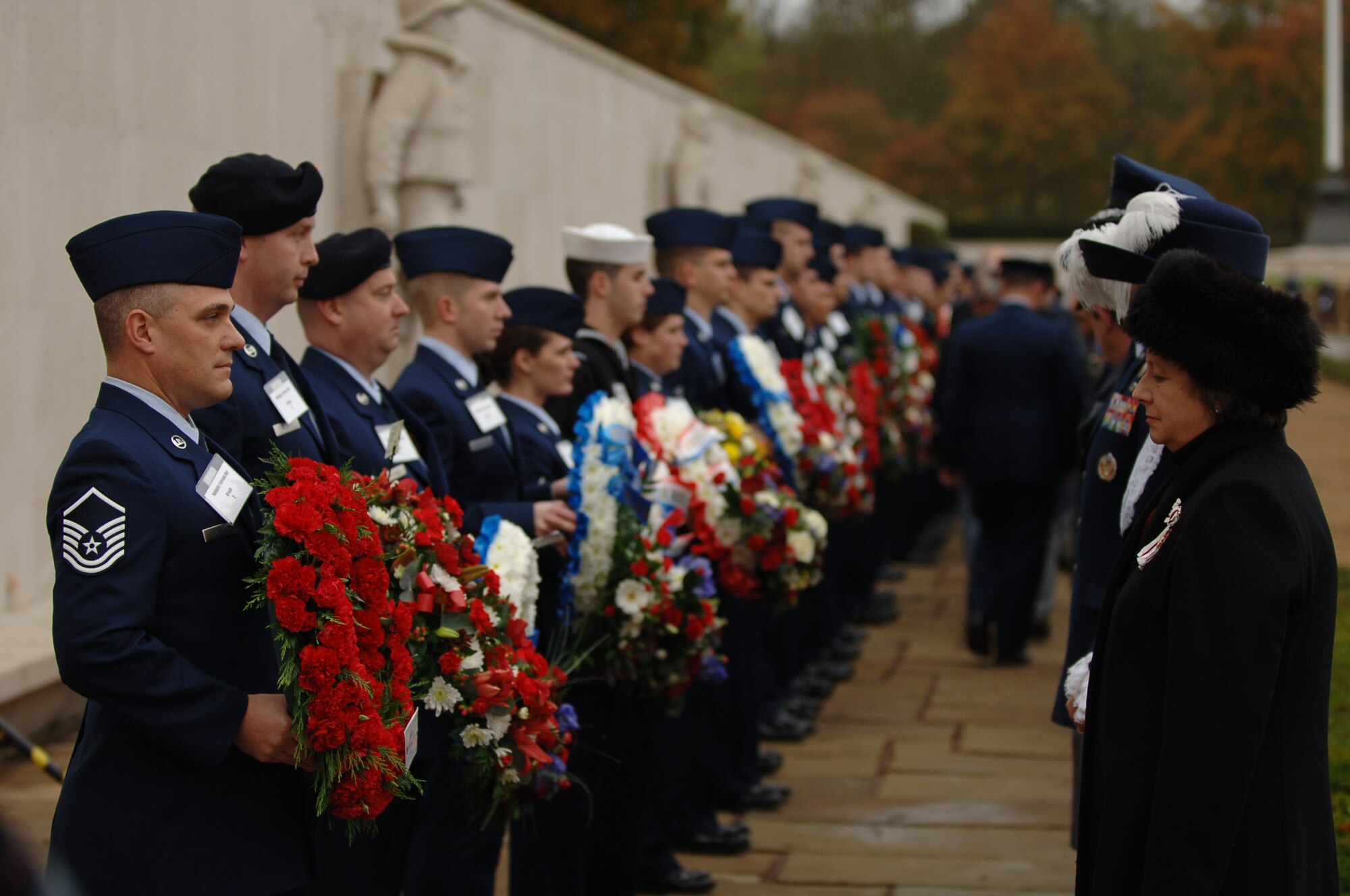 CAMBRIDGE, United Kingdom - The 501st Combat Support Wing participated in a Veteran's Day ceremony with the local community Nov. 11 at Cambridge American Cemetery. More than 200 people attended the event. (U.S. Air Force photo by Tech. Sgt. John Barton)
