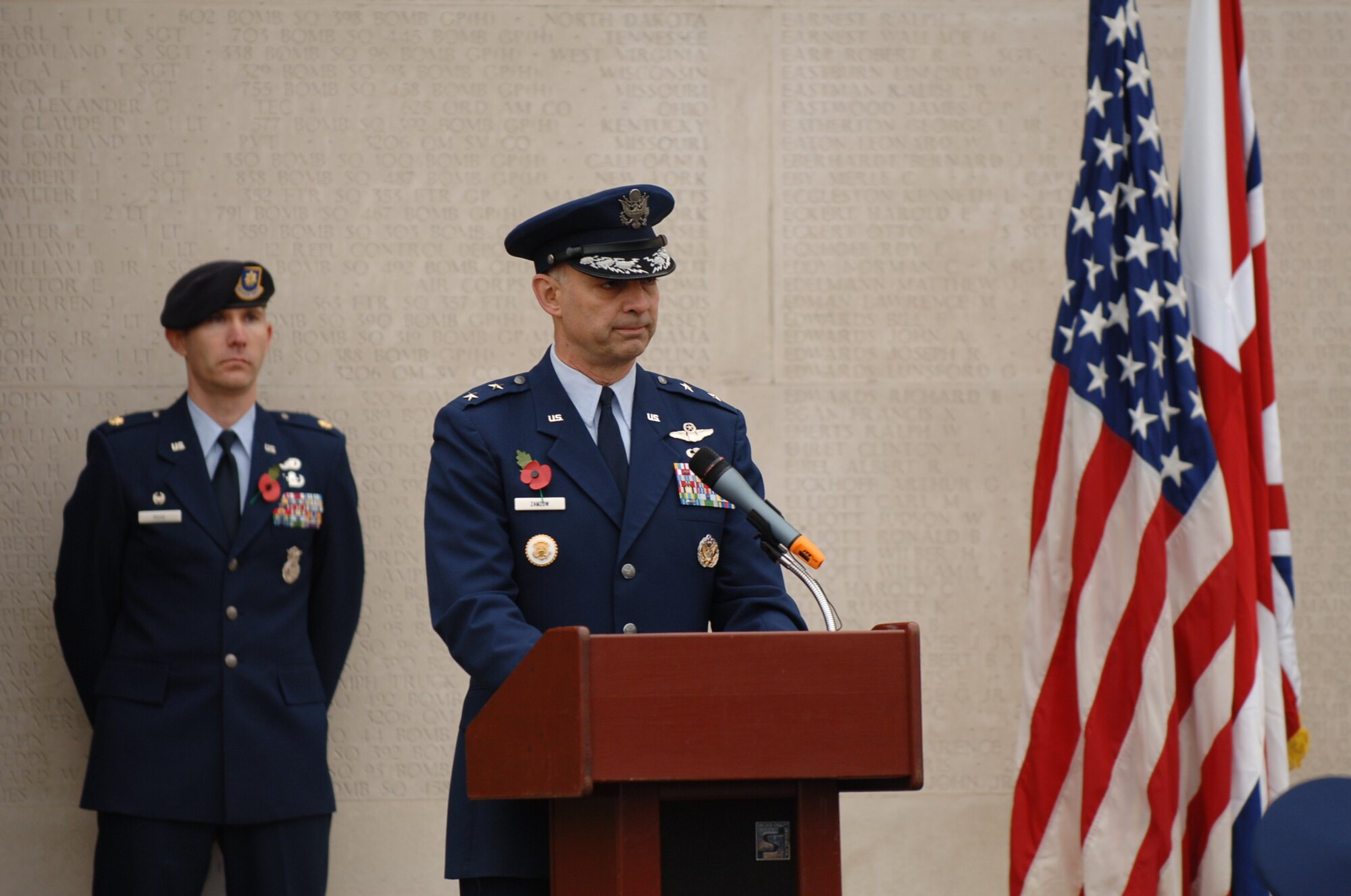 CAMBRIDGE, United Kingdom - The 501st Combat Support Wing participated in a Veteran's Day ceremony with the local community Nov. 11 at Cambridge American Cemetery. More than 200 people attended the event. (U.S. Air Force photo by Tech. Sgt. John Barton)