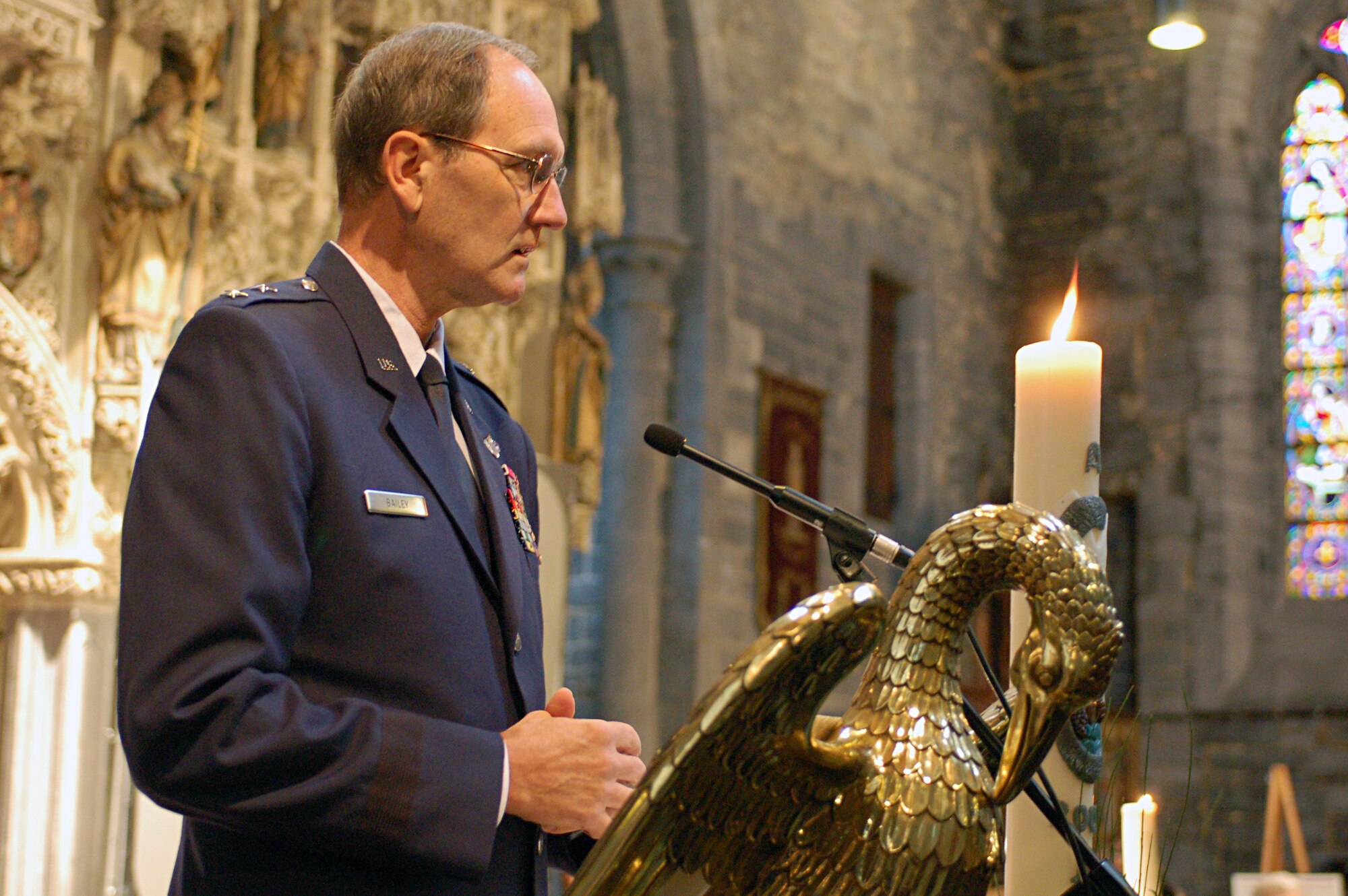 SPANGDAHLEM AIR BASE, Germany – Maj. Gen. Robert Bailey, U.S. Air Forces in Europe Air National Guard assistant to the commander, speaks to a congregation of Belgians and Americans during Armistice Day, or Veteran’s Day, in Walcourt, Belgium. Members of the congregation marched from the church to a memorial where respects were paid to the 20 million who gave their lives during World War I. (U.S. Air Force photo/Senior Airman Clay Murray)