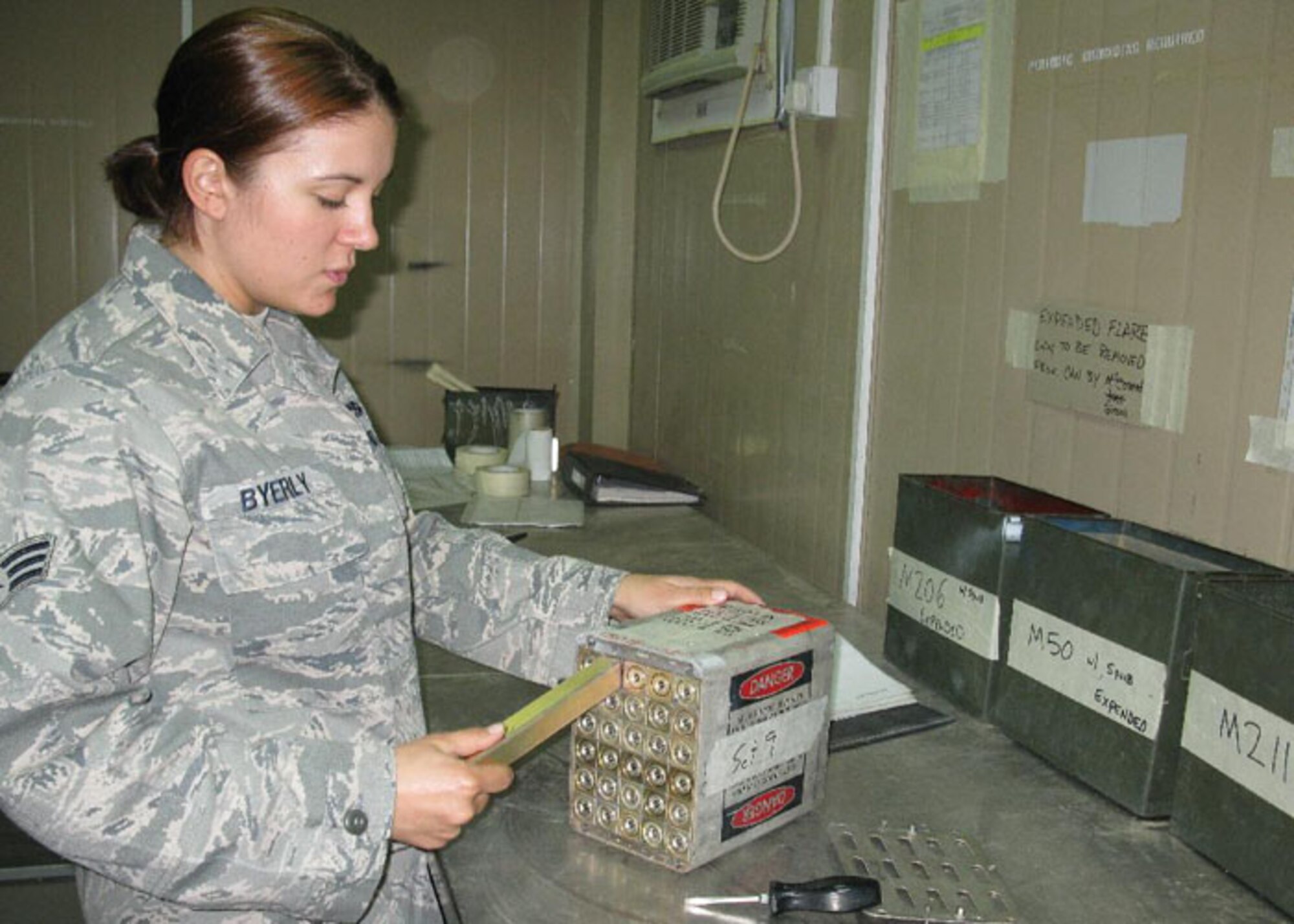 SOUTHWEST ASIA -- Senior Airman Beraiah Byerly is a 386th Expeditionary Maintenance Group muntion systems crew chief deployed from the 86th Munitions Squadron, Ramstein Air Base, Germany. (Courtesy Photo)