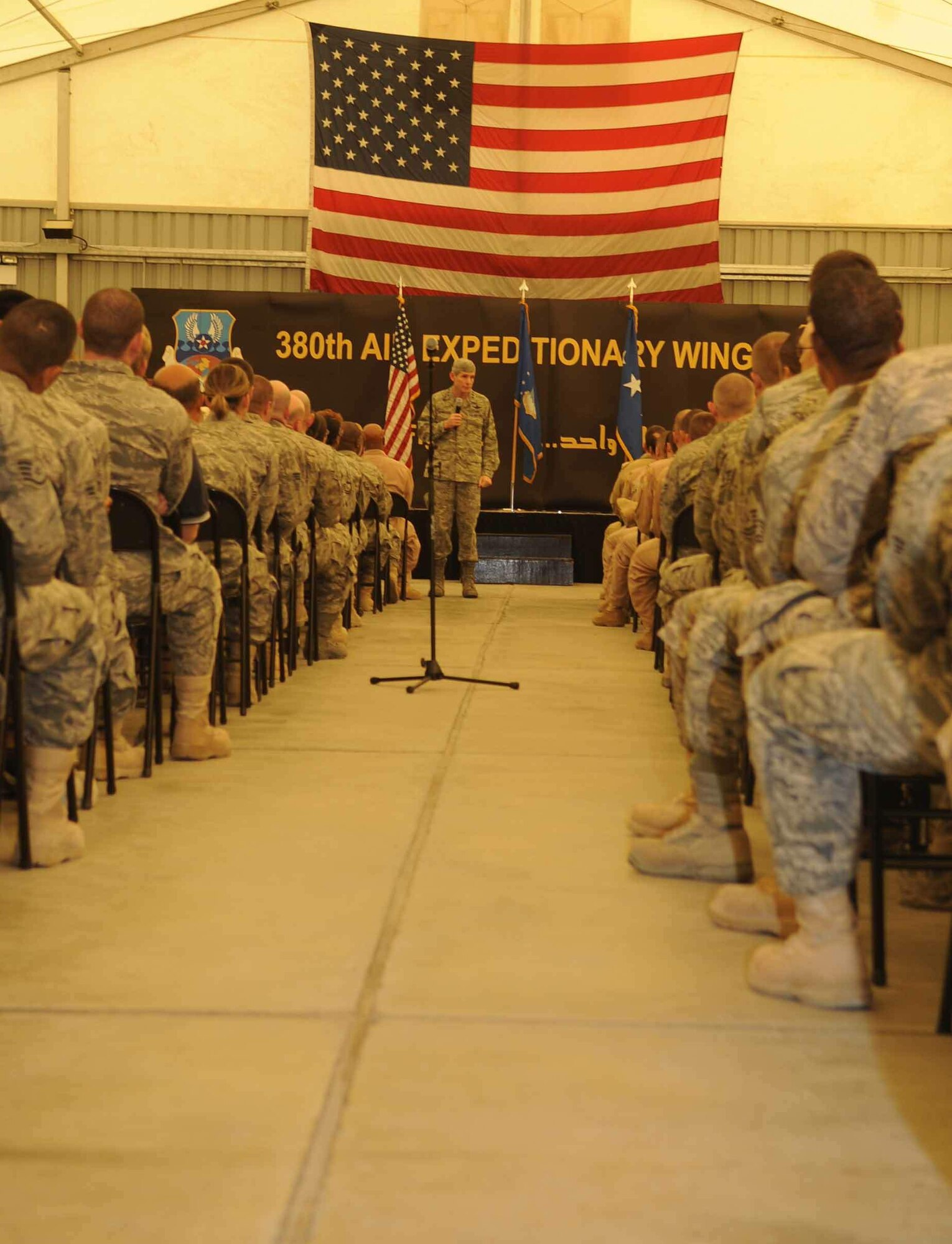 Air Force Chief of Staff Gen. Norton Schwartz speaks to Airmen of the 380th Air Expeditionary Wing Nov. 13, 2009, at an air base in Southwest Asia. (U.S. Air Force photo)