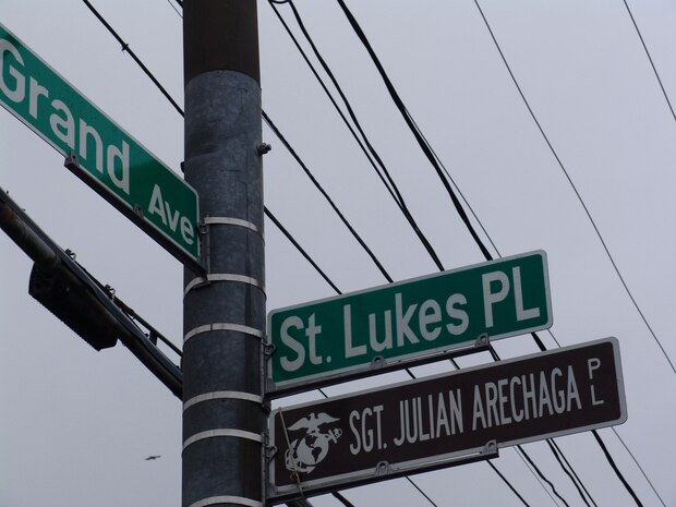 Family, friends, and members of the community gathered to honor Sgt. Julian Arechaga by renaming the street he grew up on in Hempstead, N.Y., Nov. 14.  Arechaga was killed during combat operations in Al Anbar, Iraq Oct. 9,::r::::n::2006.