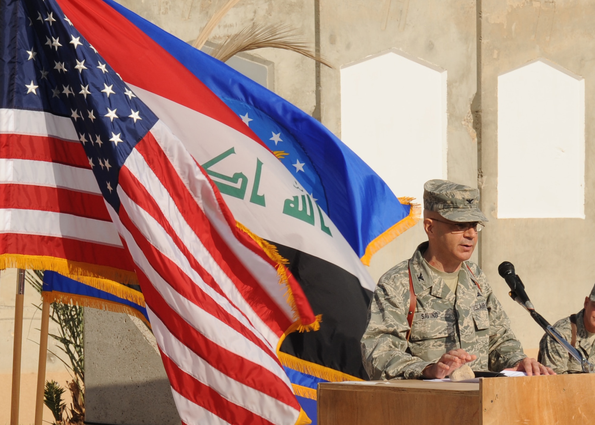SATHER AIR BASE, Iraq -- Col. Vincent Savino, 368th Expeditionary Air Support Operations Group commander, was a guest speaker during the Staff Sgt. Scott D. Sather Memorial ceremony.  Colonel Savino first met Sergeant Sather when he was assigned to work for him as a young Airman.  "He worked for me as a young hard charging Airman…always striving to be the best," said Colonel Savino.  The base is named after Sergeant Sather who was killed in action on April 8, 2003.  (U.S. Air Force photo / Airman 1st Class Linzi Joseph)