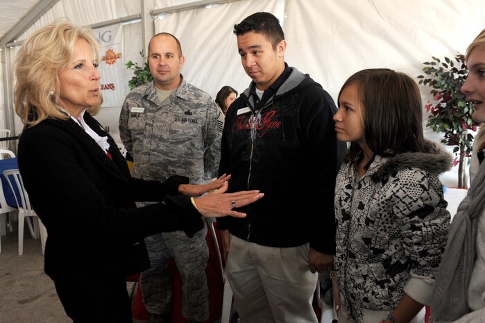 NELLIS AIR FORCE BASE, Nev.-- Dr. Jill Biden meets with Master Sgt. Wayne Ojala and his children Jari, Kali, and Katherine Ojala during her visit to Nellis Nov. 15. A Blue Star Mother herself, Dr. Biden has made military families one of her top priorities. She has traveled to several bases in both the United States and Germany to speak with servicemembers and their families to show appreciation and raise awareness and for the special sacrifices that these Americans make.    
(U.S. Air Force photo by Airman 1st Class Jamie Nicley)