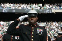 EAST RUTHERFORD, N.J. -- Marine Corps, Air Force, Navy, Coast Guard and Army service members stand at attention and salute during the singing of the National Anthem on the field at Giants Stadium for a pre-game ceremony honoring veterans, Nov. 15. A Coast Guard detachment sang the National Anthem and were joined by a joint-service color guard before the New York Jets game against the Jacksonville Jaguars. Chief Master Sgt. James A. Roy, Chief Master Sergeant of the Air Force, presented the coin for the pre-game coin toss.(Official Marine Corps photo by Sgt. Randall A. Clinton)