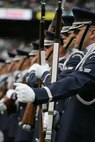 EAST RUTHERFORD, N.J. -- The Air Force Honor Guard Drill Team performs at halftime of the New York Jets vs Jacksonville Jaguars football game at Giants Stadium, Nov. 15. They are the traveling component of the USAF Honor Guard and inspires Air Force awareness among military and civilian audiences through its complex drill routine. In all they do, the Drill Team personifies the integrity, discipline, teamwork, and professionalism of every Airman and every Air Force mission. During the Air Force Honor Guard's 60-year history, the Drill Team has performed in every state of the union and many countries abroad(Official Marine Corps photo by Sgt. Randall A. Clinton)